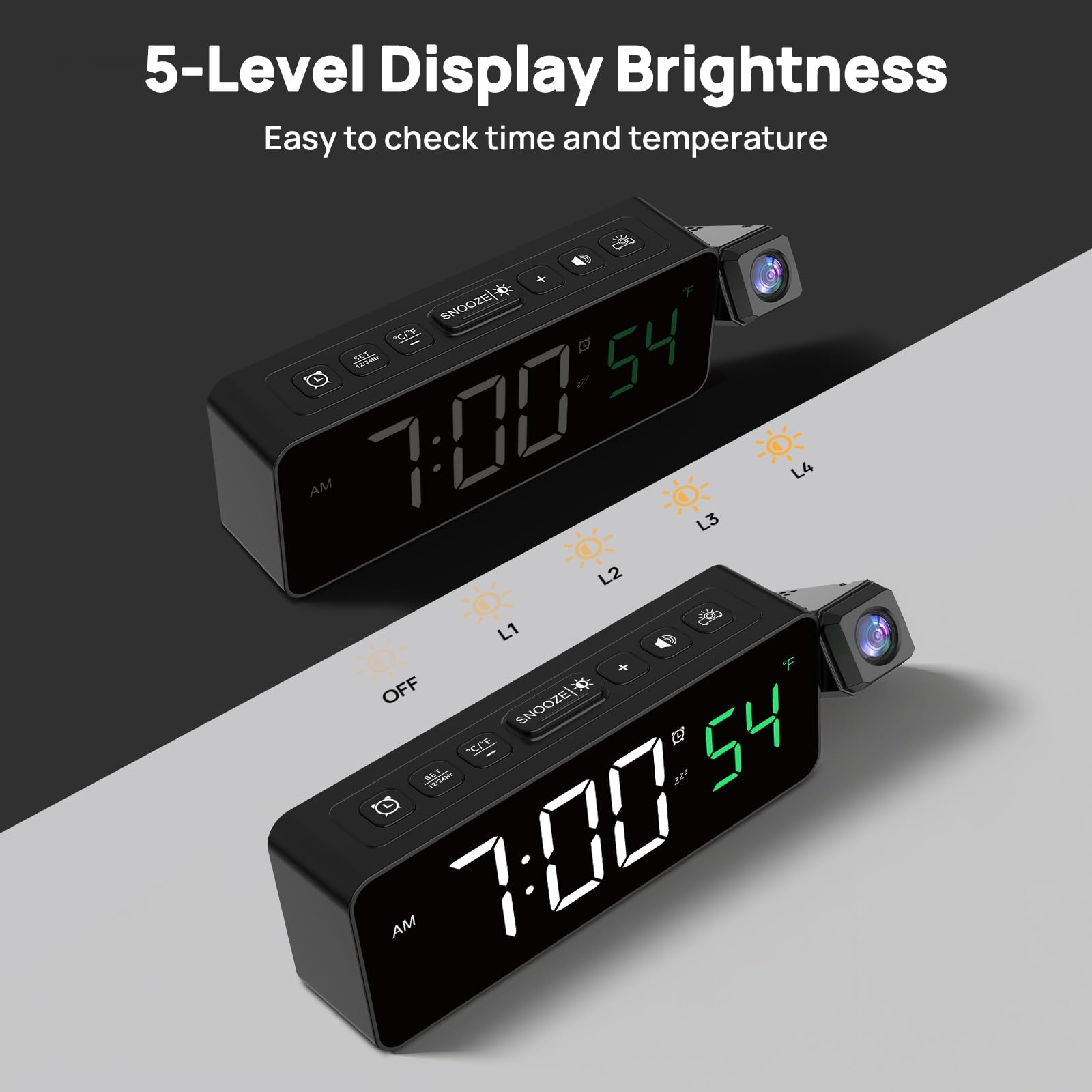 Netzu Projection Alarm Clock for Bedroom Ceiling, Compact Plug-in Digital Clocks with 180° Rotatable Projector, Temperature, 4 Levels Birghtness, 3 Volumes and Snooze (Black)