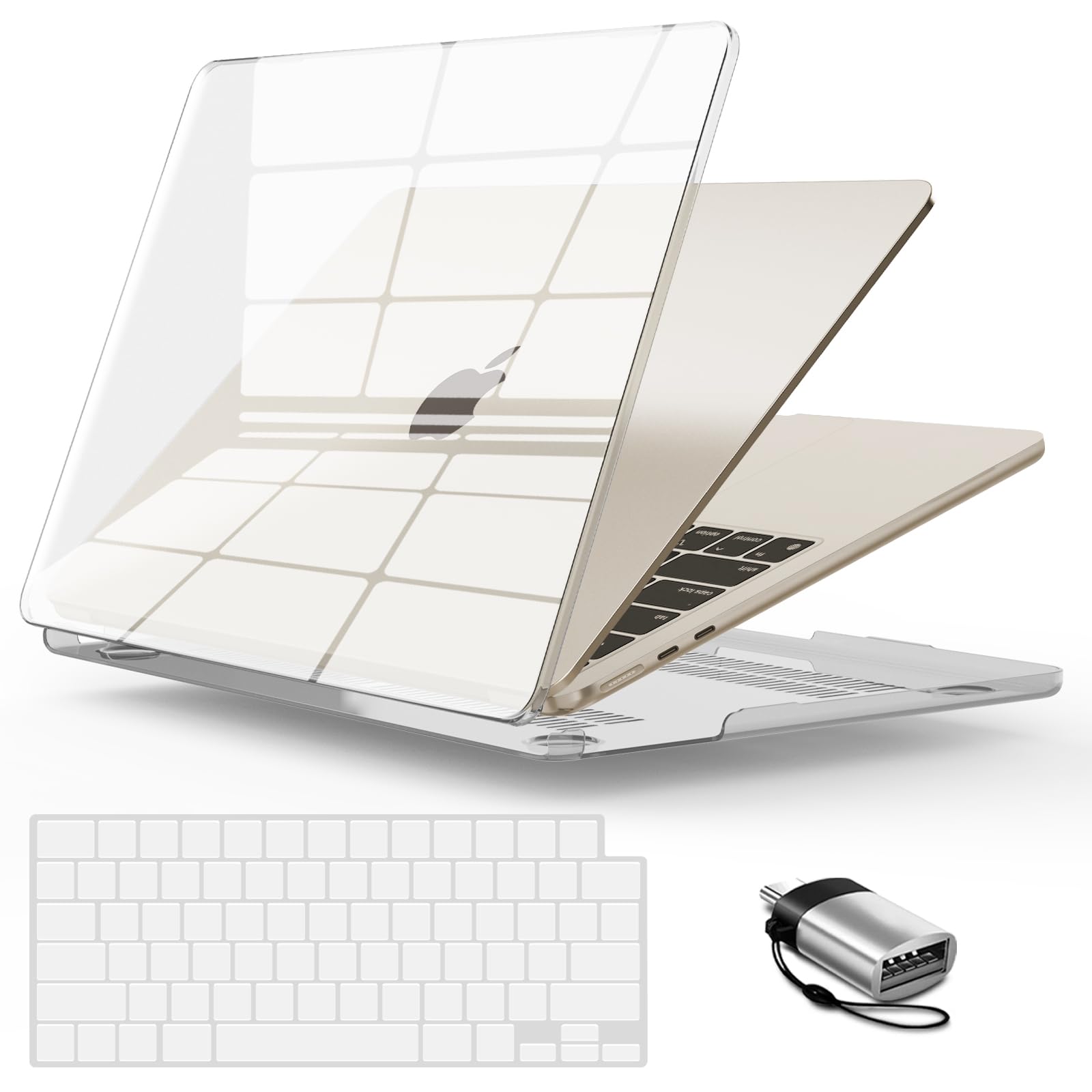 IBENZER Compatible with 2025 2024 2023 MacBook Air 15 inch Case M4 A3241 M3 A3114 M2 A2941, Hard Shell Case & Keyboard Cover & Type-C Adapter for Mac Air 15.3", Crystal Clear, CA-AT15-CYCL+1TC
