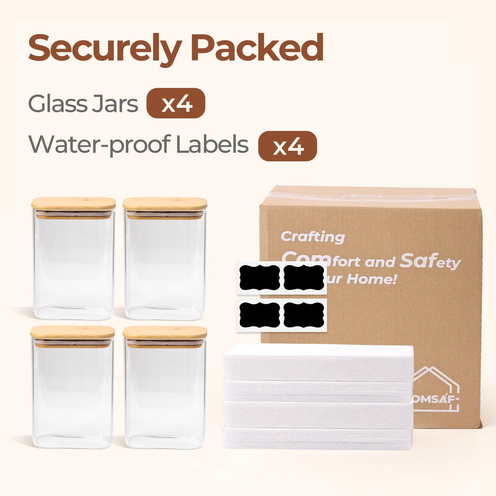 ComSaf 1.7L Rectangle Glass Containers with Lids, Glass Jars with Bamboo Lids, Clear Food Storage Jar, Cereal Storage Containers, Pantry Storage for Brown Sugar Pasta Flour Oats Nuts Tea