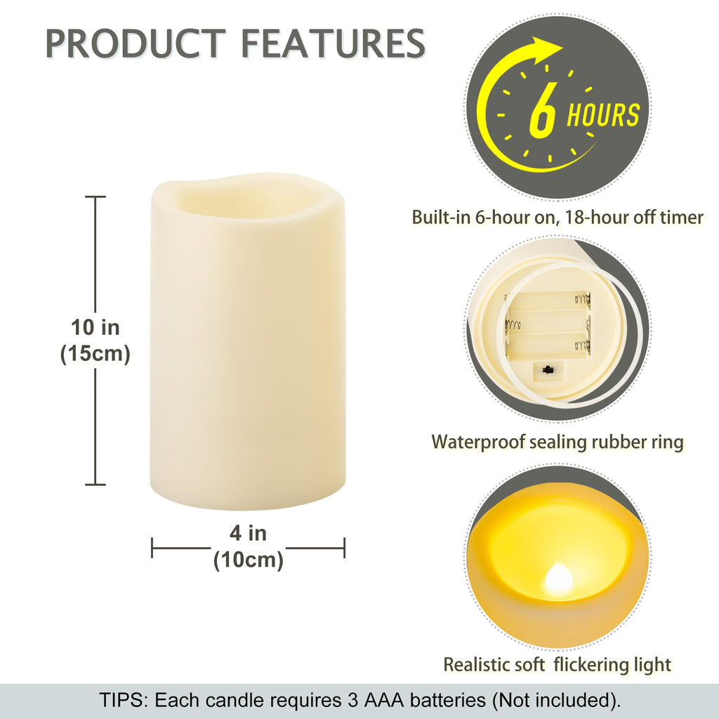 Yakpo 2 Pack 10 x 15 cm Waterproof Outdoor Candles with Timer Battery Operated, Large Outdoor LED Candles with Timer, Plastic Electric Flickering Flameless Pillar Candle for Garden Lantern Decorations