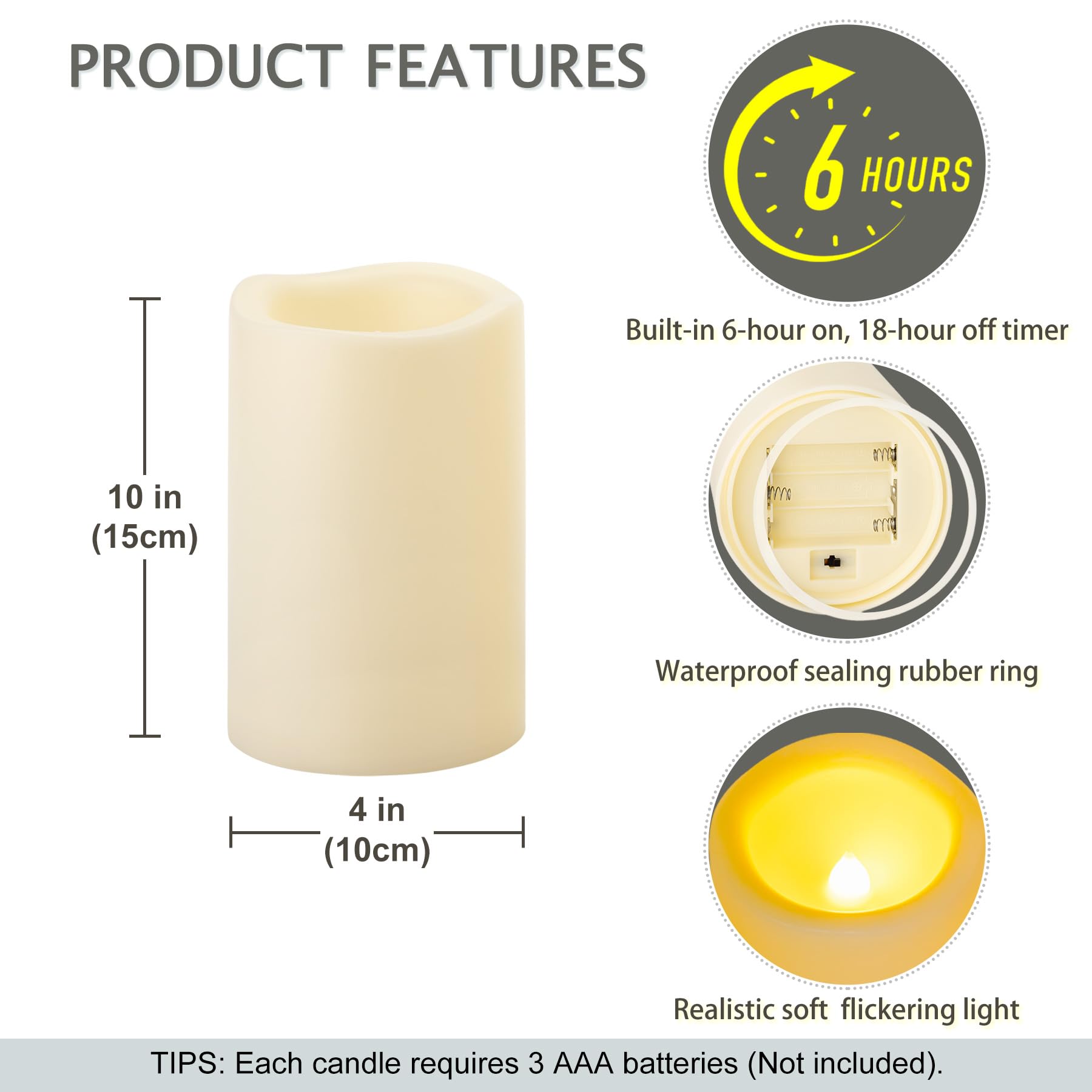 Yakpo 2 Pack 10 x 15 cm Waterproof Outdoor Candles with Timer Battery Operated, Large Outdoor LED Candles with Timer, Plastic Electric Flickering Flameless Pillar Candle for Garden Lantern Decorations