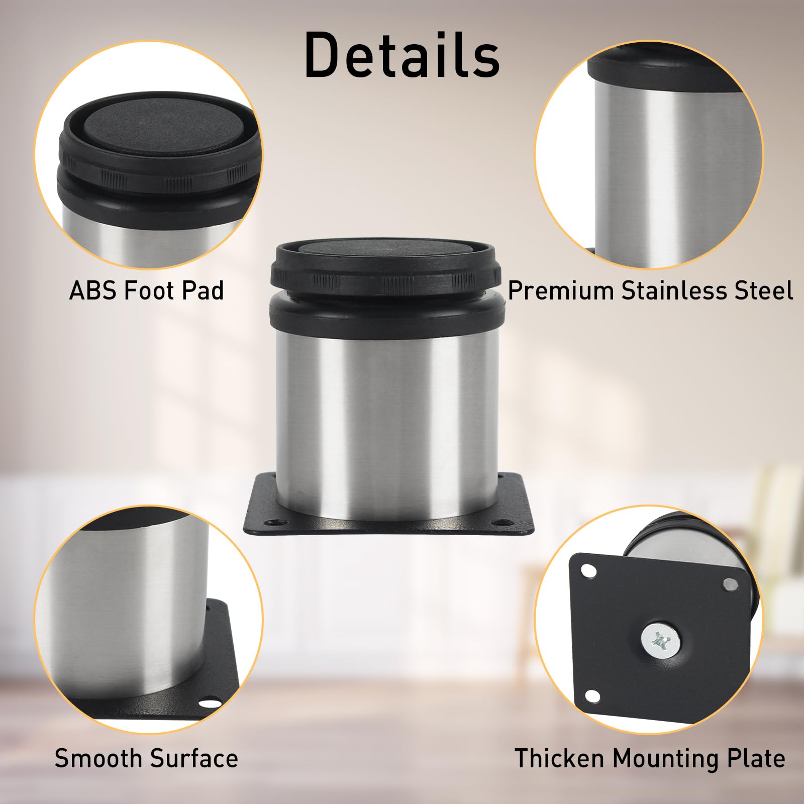 TamBee Furniture Cabinet Metal Legs Adjustable Stainless Steel Kitchen Feet Round Black and Silver 50 x 60 x 60mm Pack of 4