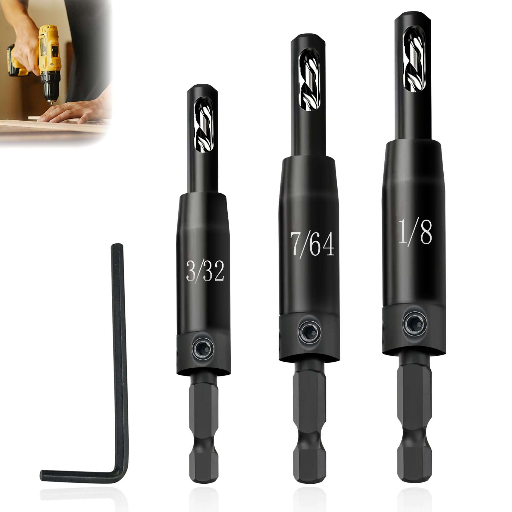 Upgraded Self Centering Hinge Drill Bit Set 3/32", 7/64", 1/8" for 1/4 in VIX Bit Hex Shank Drill, CC2430 for Hinge and Wood, Drill Pilot Holes, Ultra-Hard Steel, High Precision & Durable