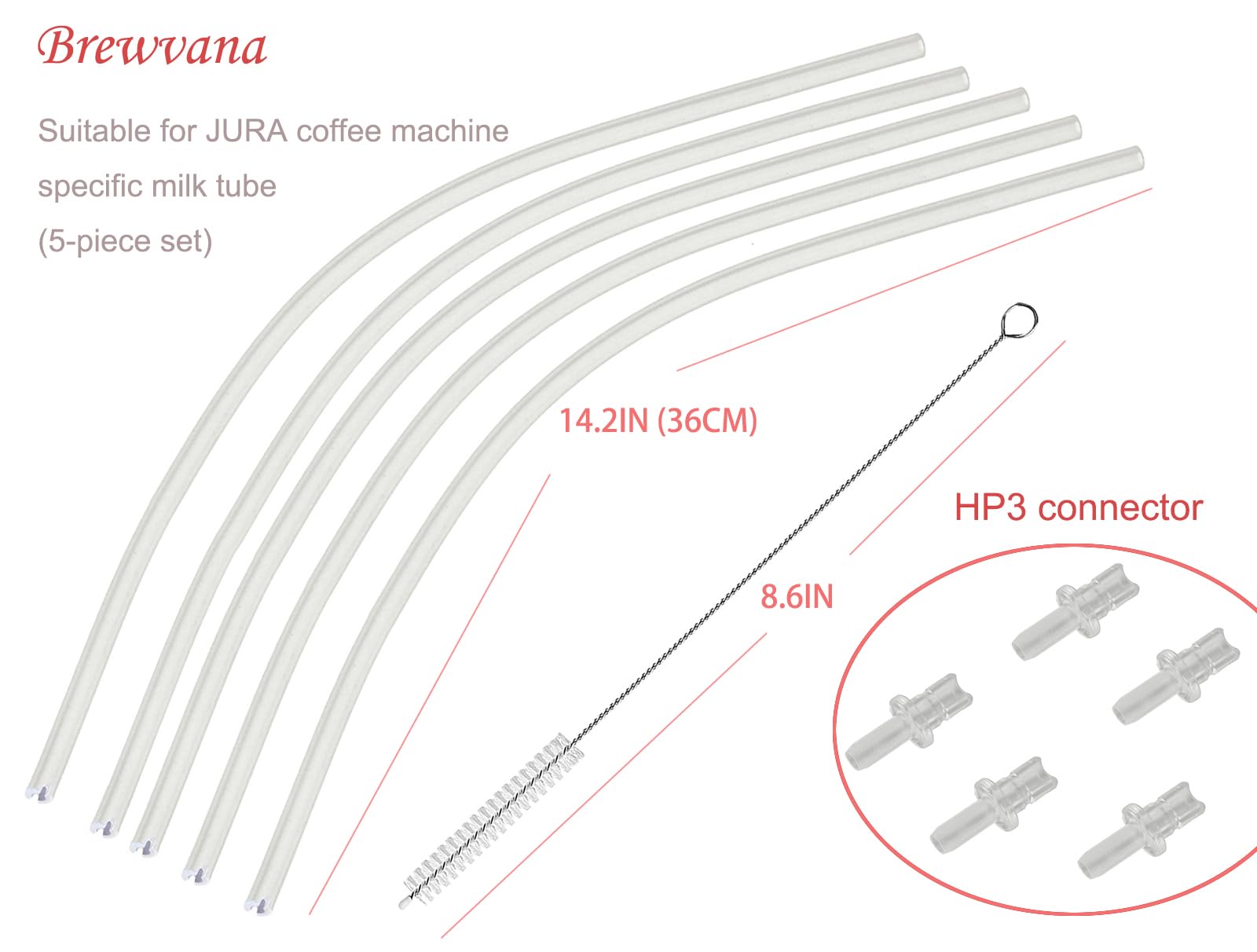 Milk Tube Hose set for Jura ENA E8,GIGA 6 10 W10,IMPRESSA J6 J8 J8twin Z5 Z6 Z7 Z8 Z9 Z10, S8 S80 WE8 fully automatic coffee machines(5 milk hoses 14.2in, 5 HP3 milk Hose Connectors, cleaning brush)