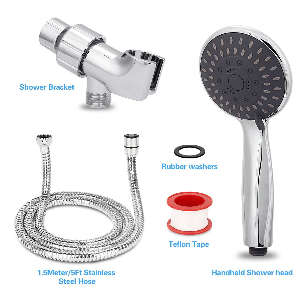 Shower Head, High Pressure Handheld Showerhead with Hose, 5 Settings Chrome Finished Hand Held Rainfall Shower Set- Including Bracket Teflon Washer