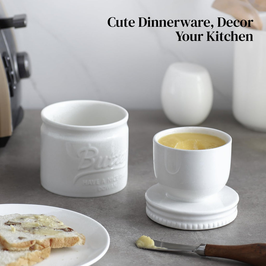 DOWAN Porcelain Butter Keeper Crock, French Butter Dish with Lid, Embossed Butter Container for Soft Butter, Big Capacity & Humanized Water Line, White