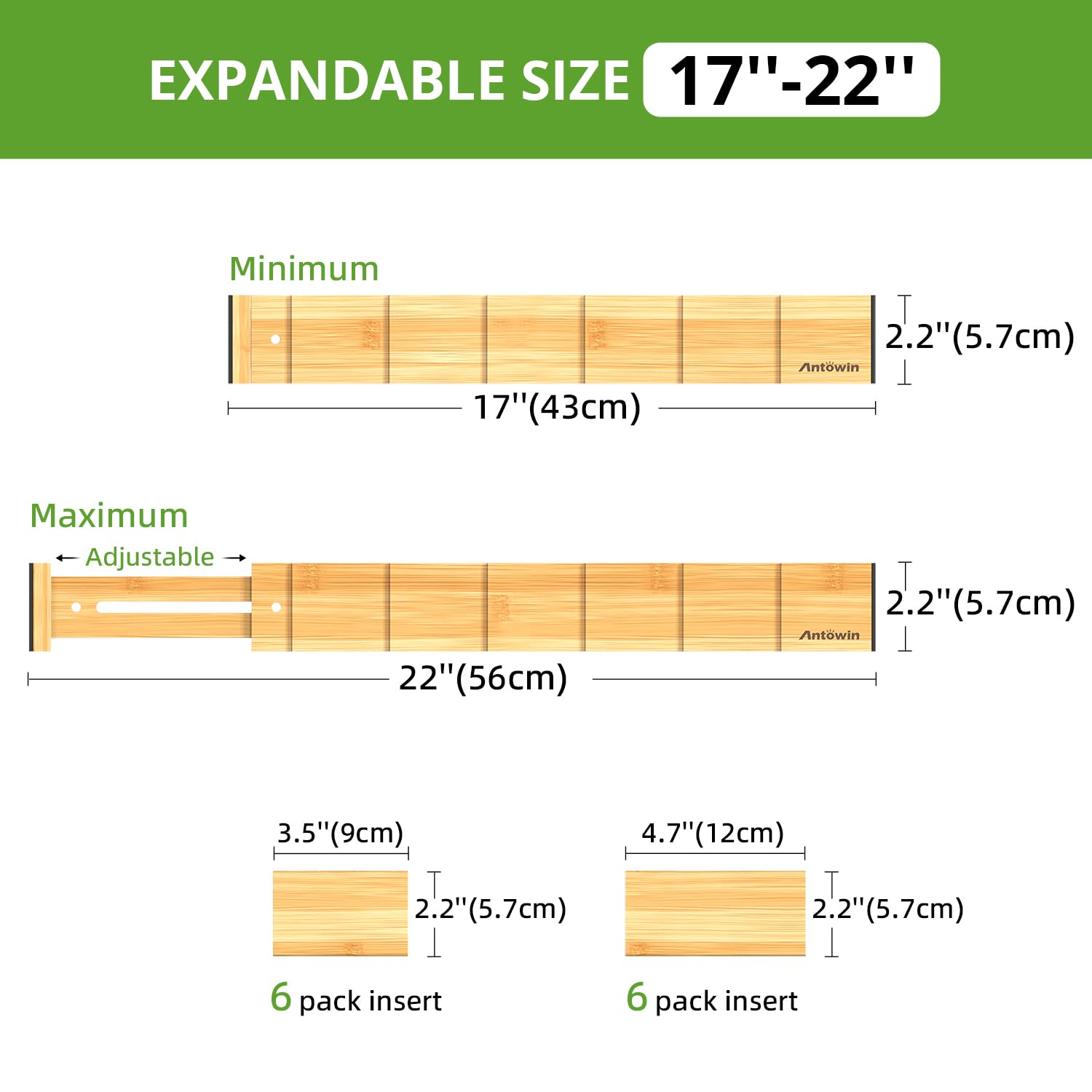 ANTOWIN 4 Pack Expandable Drawer Dividers, 2.2'' High, Extend from 17'' to 22'', Dresser Drawer Organizers, Bamboo Separators for Kitchen, Bedroom, Office, with 12 Pack Divider Inserts (Natural)