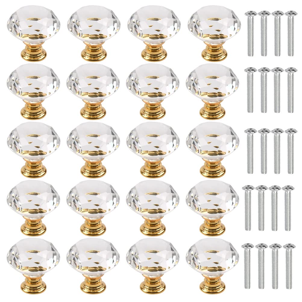 BUYGOO 20Pack Clear Crystal Glass Door Knobs Pull Handle, Diamond Wardrobe Doorknob, Crystal Glass Drawer Knobs, Cabinet Cupboard Handle Pull Knobs, Door Pull Handle with Screws for Home(30MM)