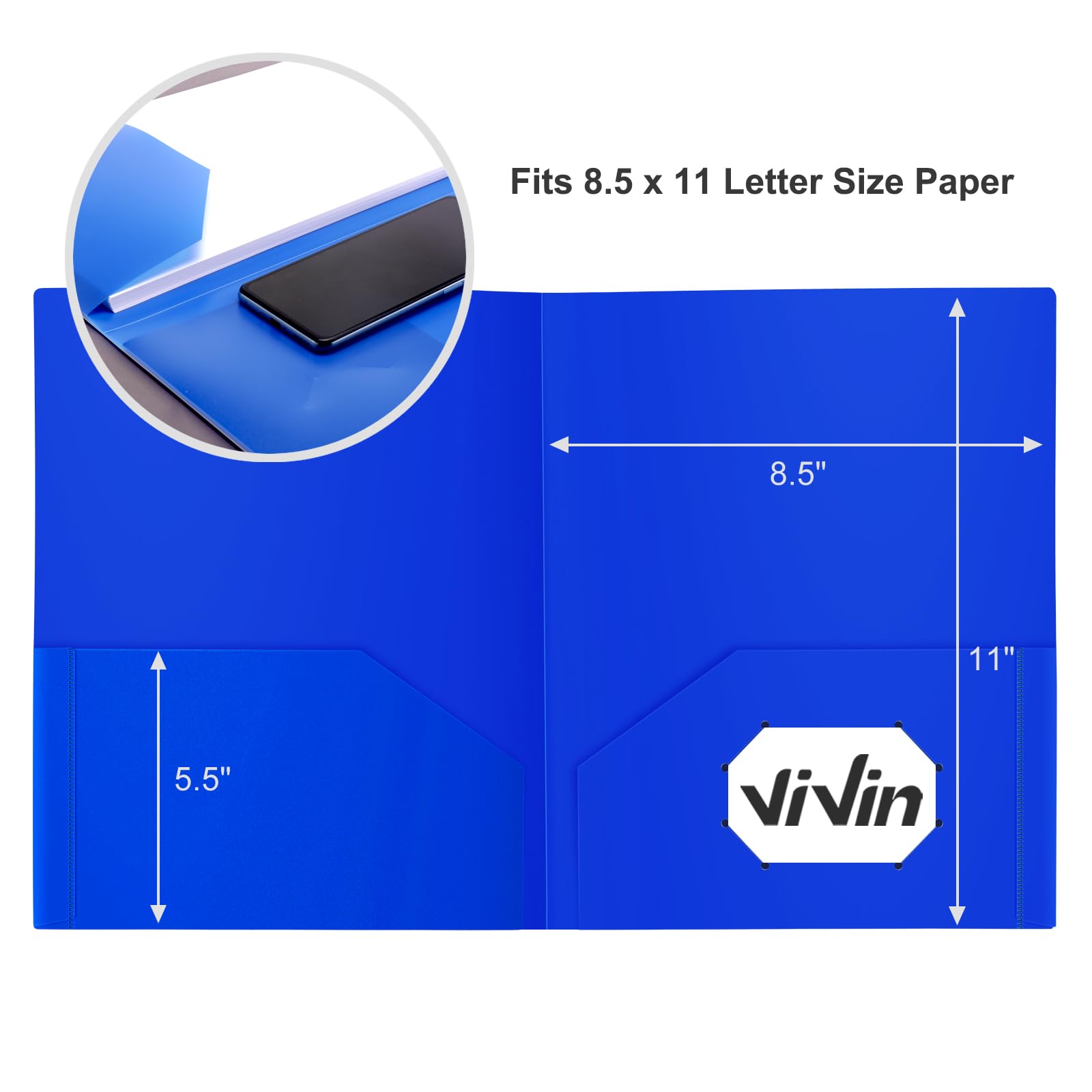ViVin 12-Pack Plastic Folders with Pockets, 8.5 x 11 Inch Letter Size Poly Folders with 2 Pockets, Plastic Pocket Folders for School, Home, Office (Blue)