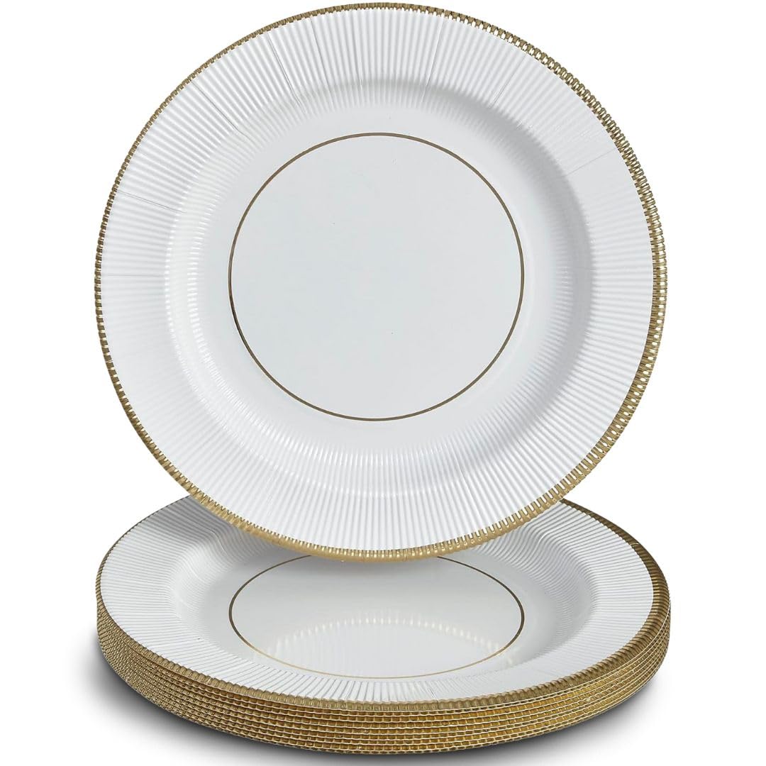 Elegant White/Gold Plastic Charger Paper Plates with Ruffled Rim - 13" (Pack of 18) - Perfect for Anniversary, Wedding, Thanksgiving Celebrations & More