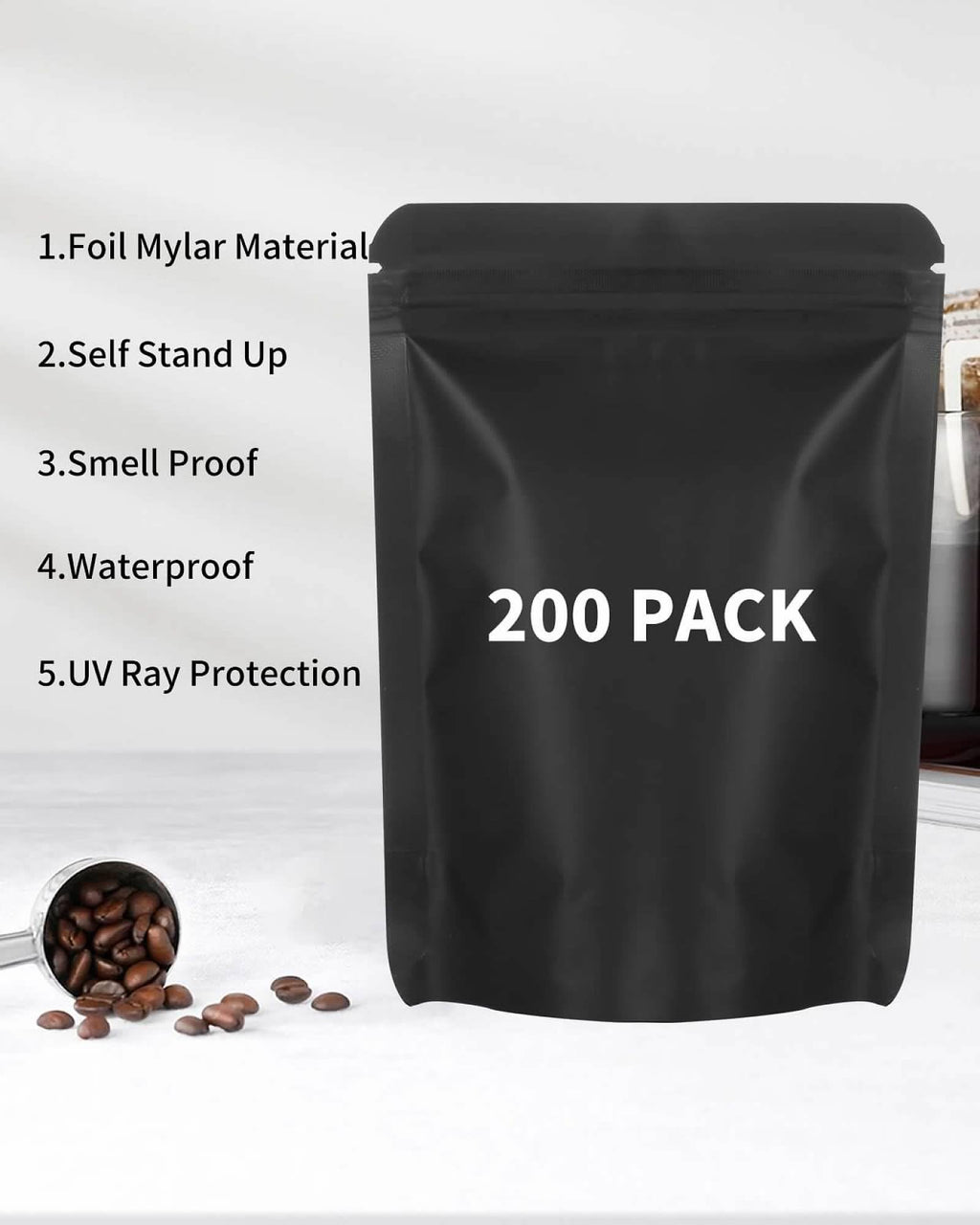 200 Pieces Resealable Mylar Bags Stand Up Foil Pouch for Zip Aluminium Foil Lock Food Storage Packaging Airtight Zipper Pouches, Black, 5.5x7.9 inch, Self Stand