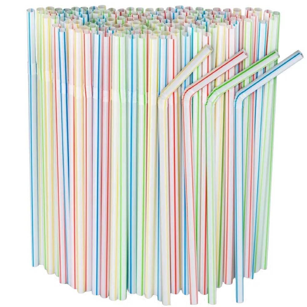 FOREVERIE 500 PCS Flexible Plastic Straws Bendable for Drinking, Diameter 6 MM Length 24 CM (9.45 Inches), Assorted Colors Striped, Extra Long