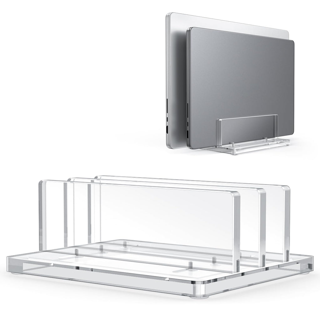 Vertical Laptop Stand for Desk, OMOTON Acrylic Dual Laptop Holder Desktop Clear Adjustable Dock for MacBook Pro Air, HP, All Gaming Laptops up to 17” (Clear)