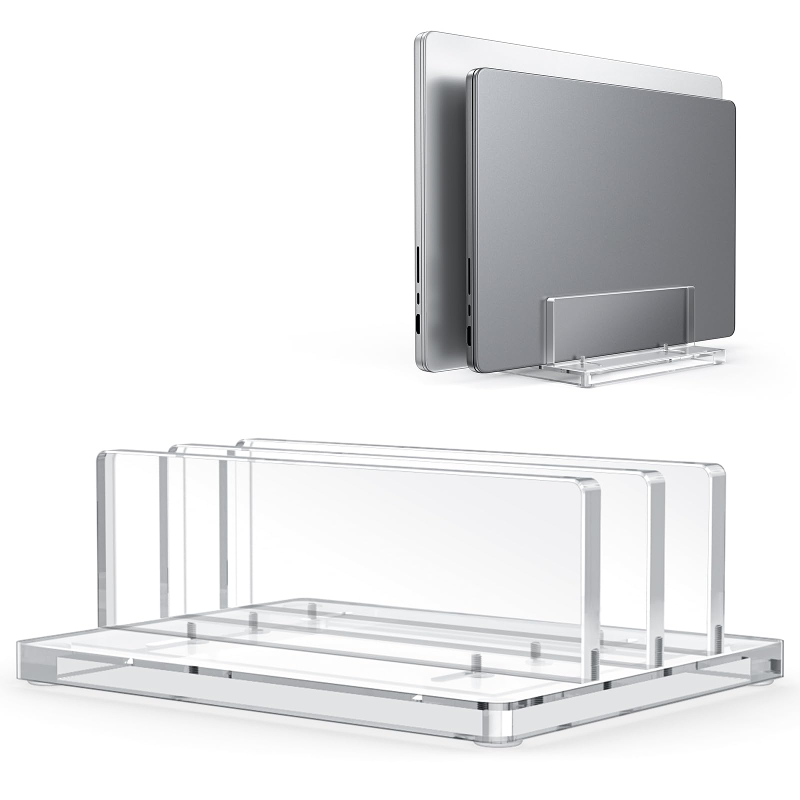Vertical Laptop Stand for Desk, OMOTON Acrylic Dual Laptop Holder Desktop Clear Adjustable Dock for MacBook Pro Air, HP, All Gaming Laptops up to 17” (Clear)