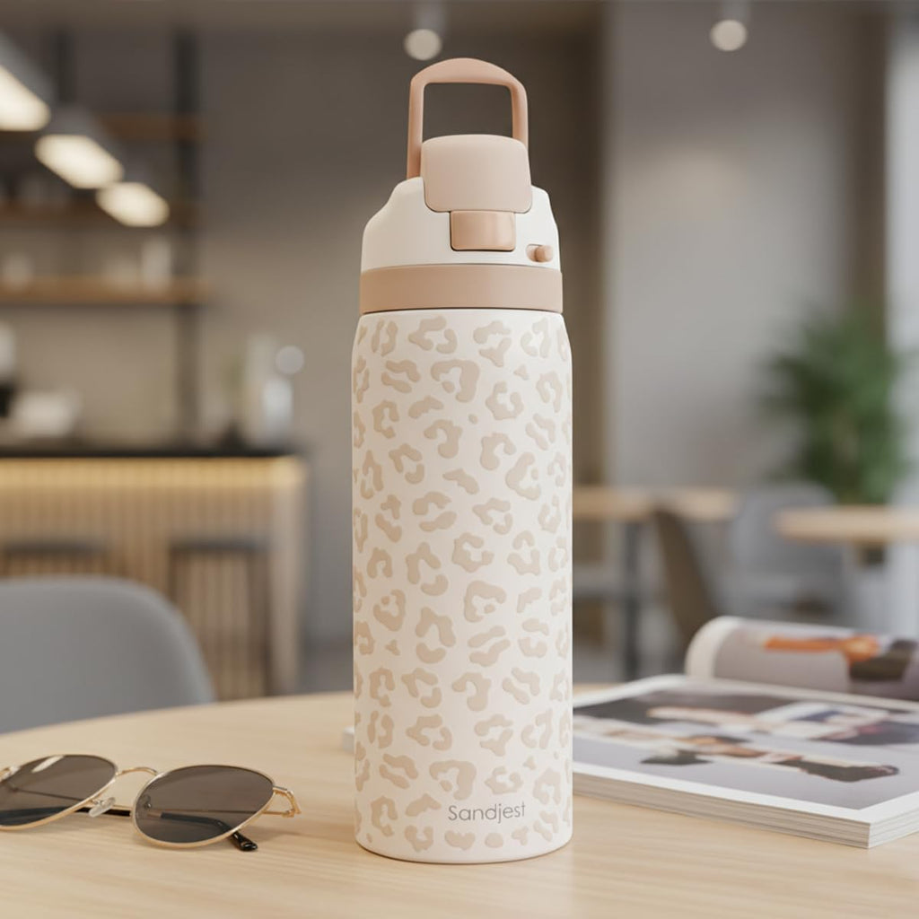 Leopard Print Insulated Stainless Steel Water Bottle with Straw for Sports and Travel, 32oz, Gifts for Women Girls Friends Teens Birthday Christmas (Beige)