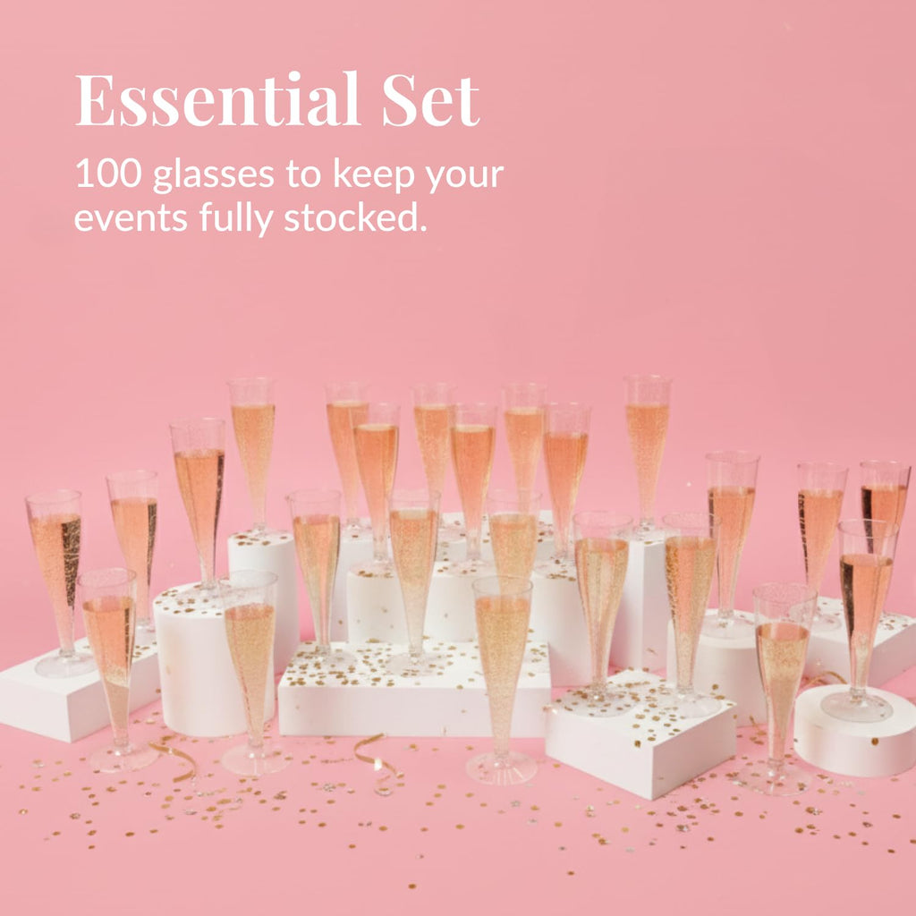 100 Plastic Champagne Flutes - Disposable Gold Glitter Plastic Champagne Glasses - Parties, Mimosa Bar, Events, Wedding, Shower Supplies - Disposable Wine Glass