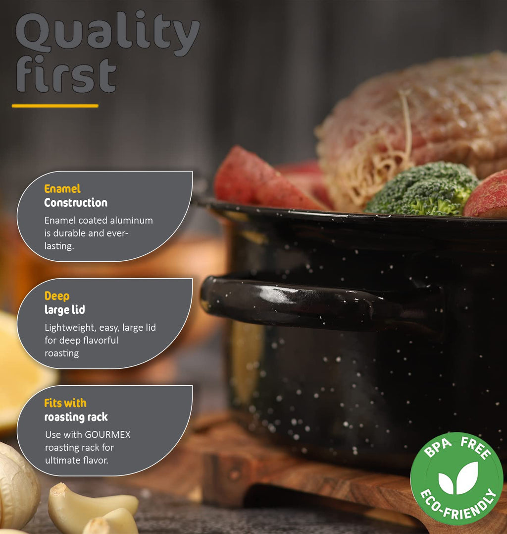GOURMEX Black Ceramic Enamel Coated Roasting Pan | Dutch Oven Pot with Lid | Dishwasher Safe, Oven Safe, Freezer Safe | Ideal for Chicken, Turkey Roasting Pan (12lb Oval)