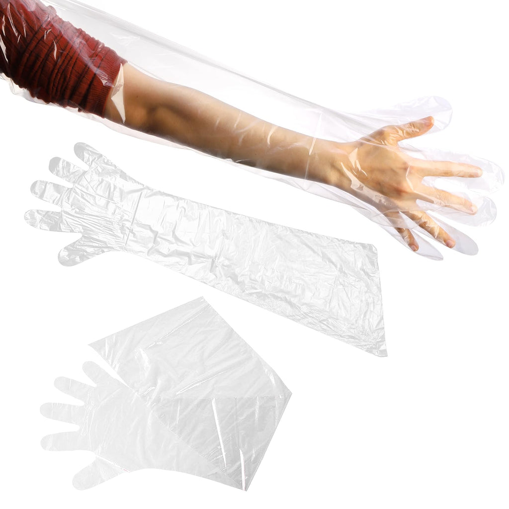 Okllen 100 Pcs Disposable Plastic Gloves, 35 Inch Long Arm Gloves Dressing Gutting Glove, Waterproof Veterinary Insemination Glove for Field Dressing House Cleaning Gardening, Transparent
