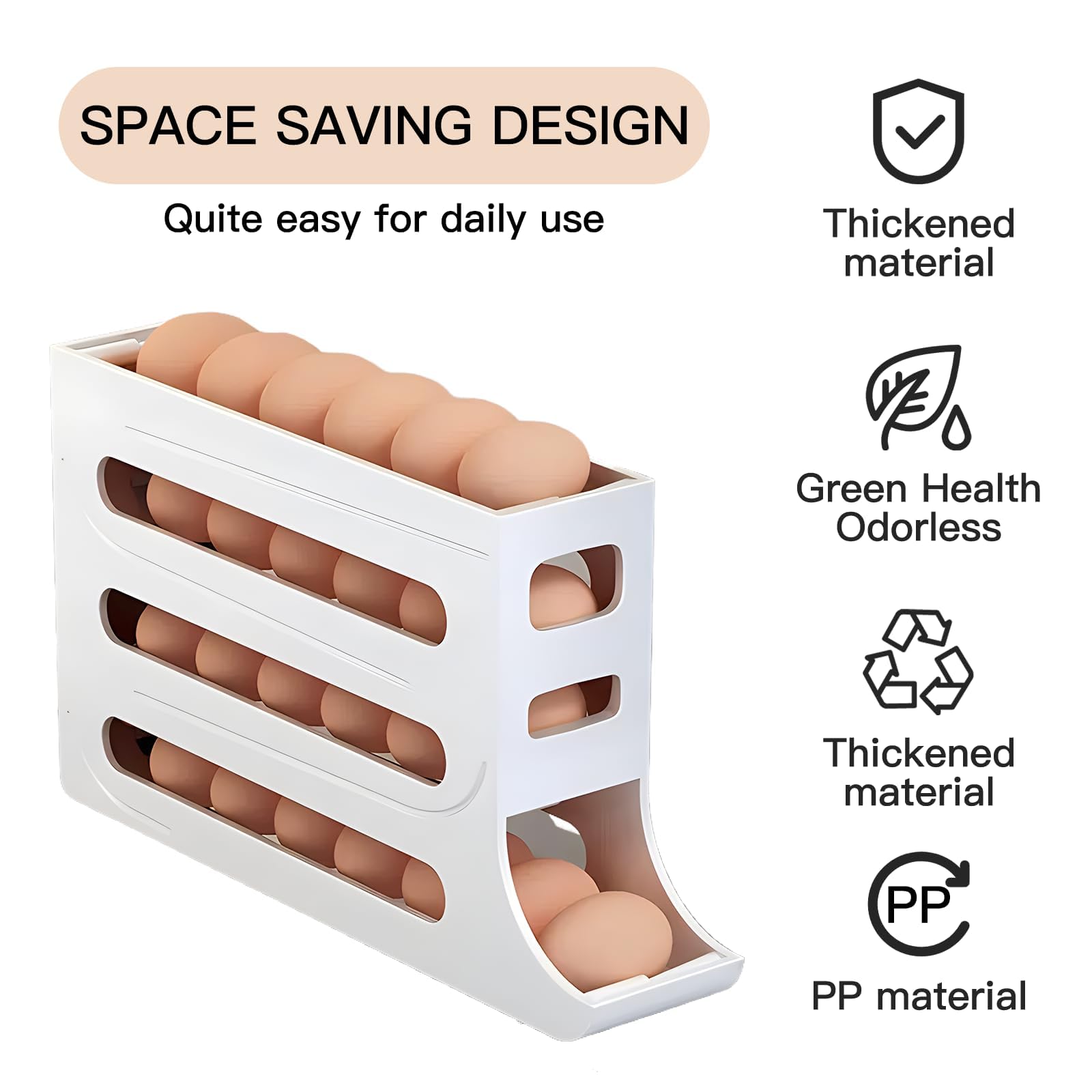 Sipobuy 4-Tier 28 Eggs Automatic Rolling Egg Dispenser, Space-Saving Egg Tray Organizer Holder for Refrigerator/Kitchen/Cabinets/Countertop and Dining Table (White)