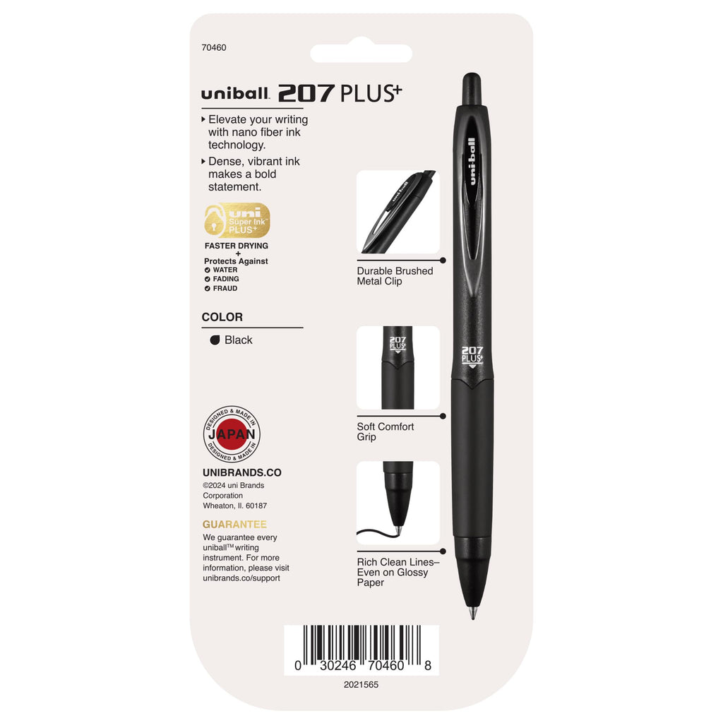 uniball 207 Plus+ Retractable Gel Pens, Medium Point, 0.7mm, Black Ink, 4/Pack (70460)
