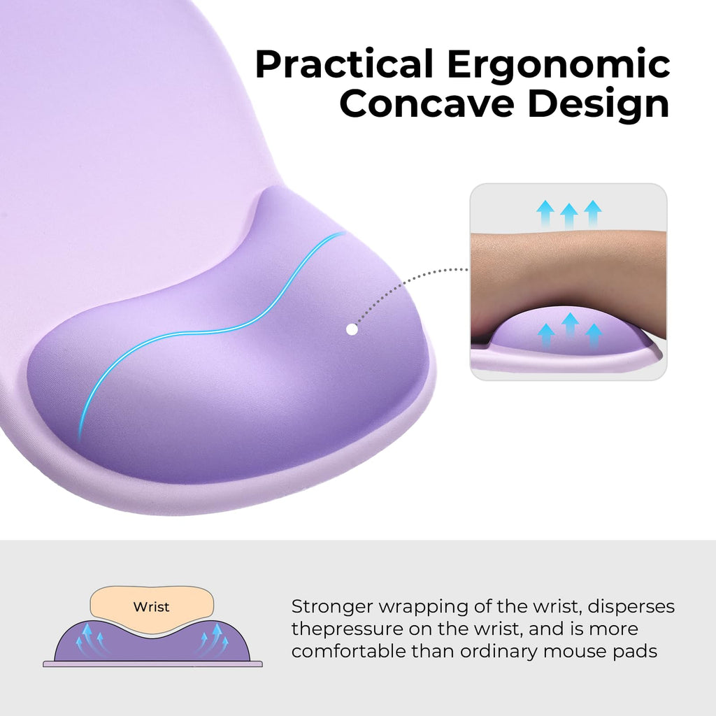 EooCoo Ergonomic Mouse Pad with Gel Wrist Rest Support Middle Concave Design Mousepad for Pain Relief, Non-Slip Base Mat Computer Desk Accessories for Cafe, Home & Office, Purple