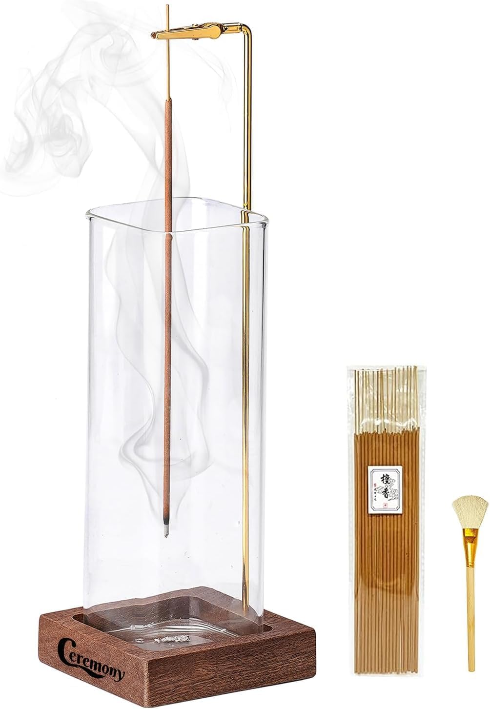 Ceremony Incense Holder, Wooden Incense Holder for Sticks with Glass Ash Catcher, Anti-ash Incense Burner with a Ash Brush for Meditation Yoga Spa Room Decor