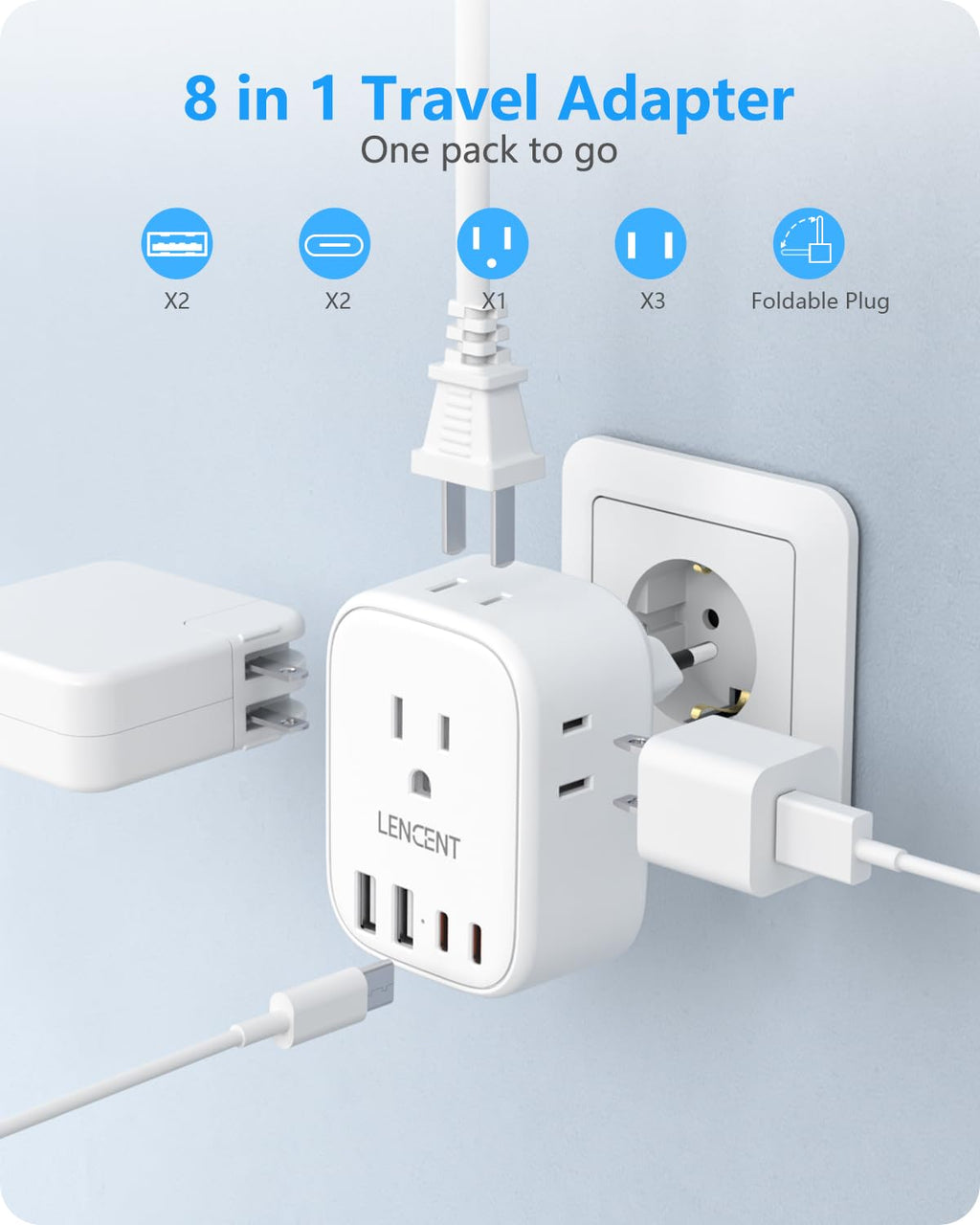 European Travel Plug Adapter, LENCENT International Type-C Foldable Power Plug with 4 Outlets, USB C Charger Adaptor, Canada/US to Most of Europe EU Iceland Spain Italy France Germany Greece