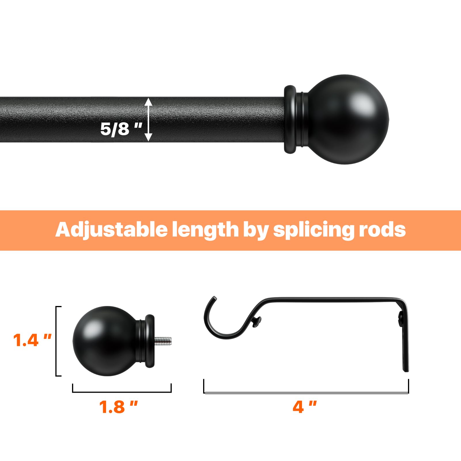 2 Pack Curtain Rod 48 to 84 inch, Adjustable 5/8 Diameter Decorative Drapery Rod Set of 2, Heavy Duty Metal Standard Curtain Rod for Bedroom, Living Room, Black