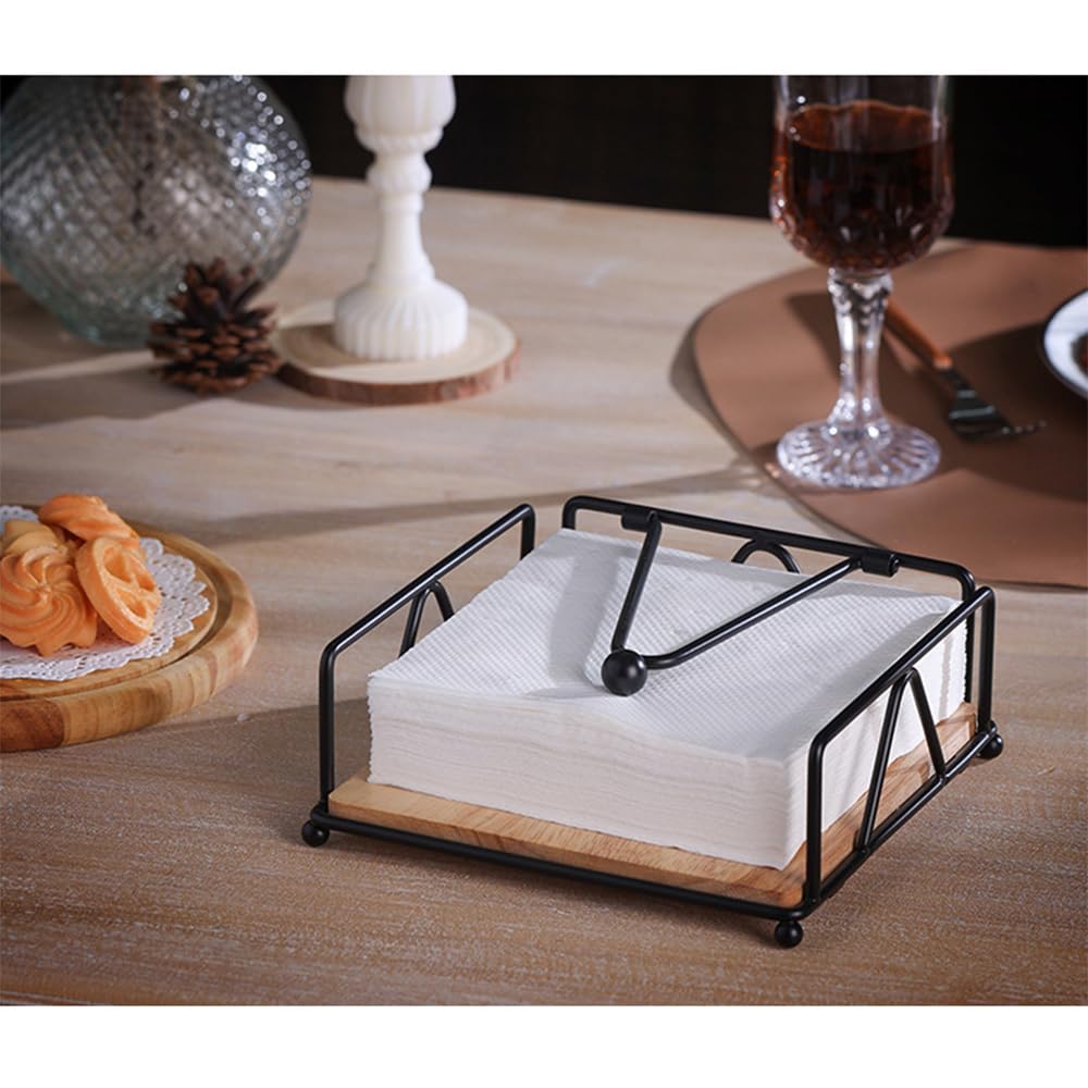 Napkin Holders for Tables, Elegant Flat Cocktail Napkin Holder with Wooden Base, Metal Tabletop Serviette Tray for Kitchen, Countertops, Outdoor Tables (Black)
