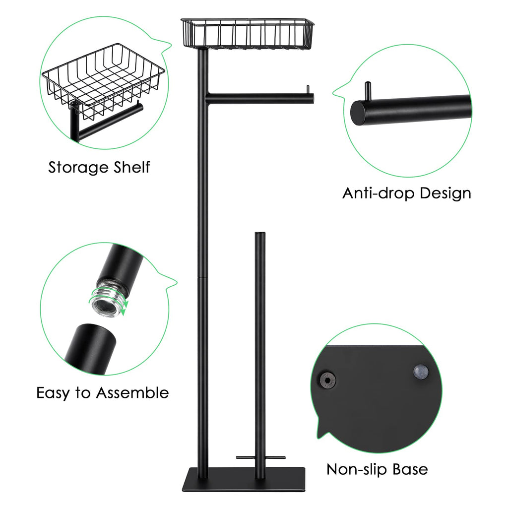 Toilet Paper Holder Stand Free Standing Toilet Paper Roll Holder with Storage Basket Industrial Tissue Holder Dispenser for Bathroom,Matte Black