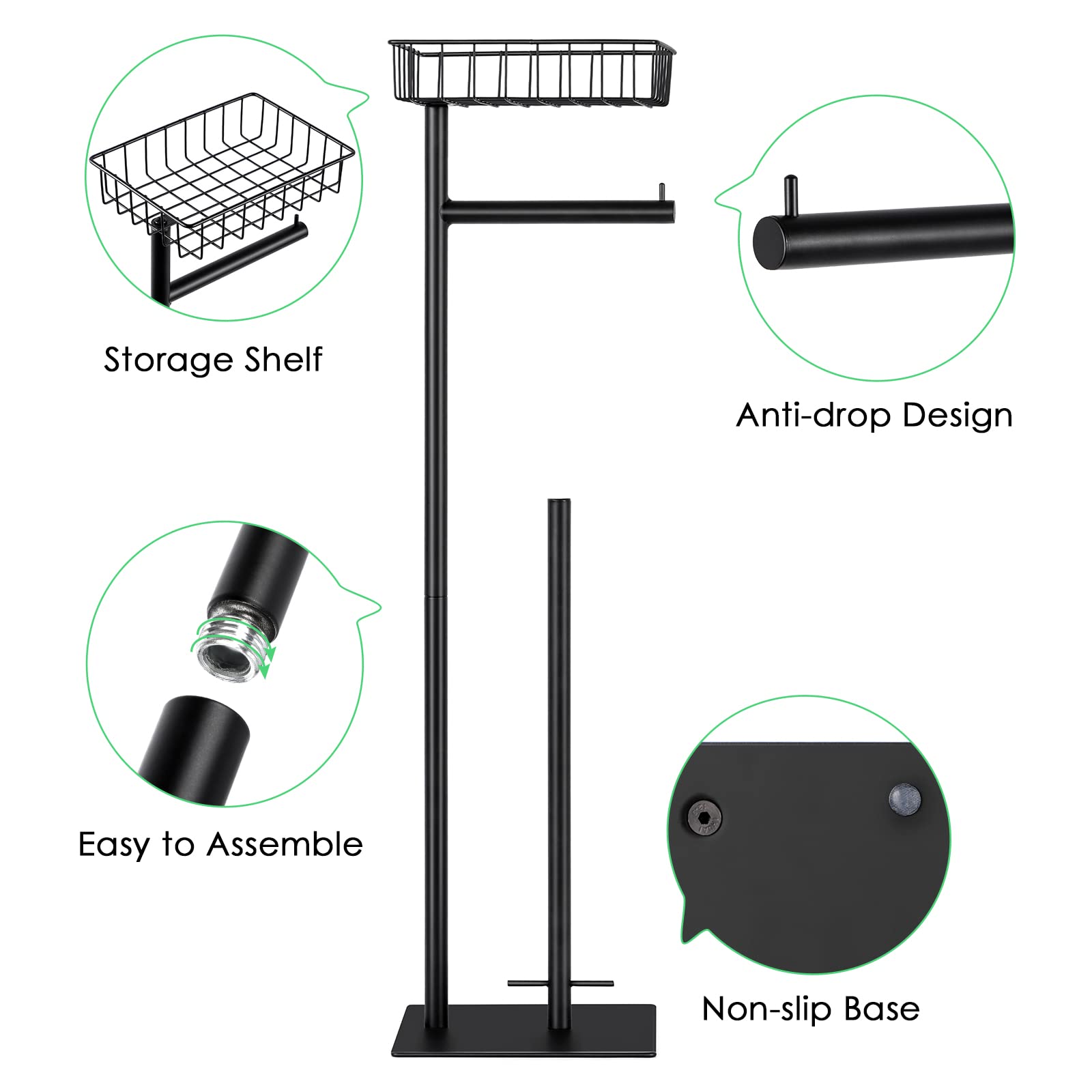 Toilet Paper Holder Stand Free Standing Toilet Paper Roll Holder with Storage Basket Industrial Tissue Holder Dispenser for Bathroom,Matte Black