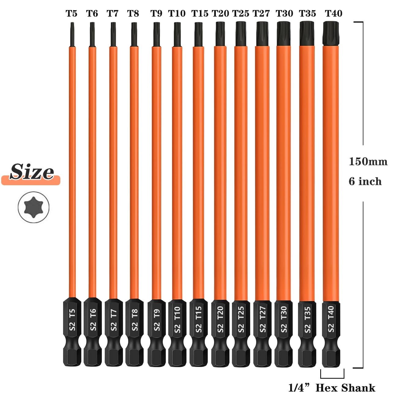Saipor 13-Piece 6 inch /150 mm Long Torx Bit Set for Impact Driver, S2 Steel Star Bit Set (T5-T40), 1/4'' Hex-Shank Magnetic Torx Screwdriver Bit, Torx Head Drill Bit Set with CNC Machined Tips