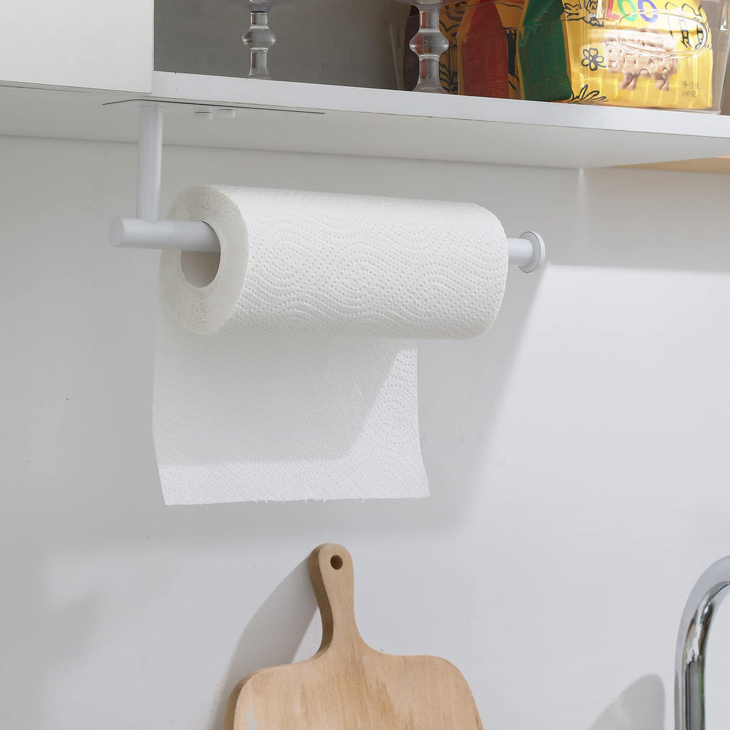 theaoo White Paper Towel Holder - Under Cabinet Paper Towel Holder for Kitchen, Adhesive Paper Towel Roll Rack for Bathroom Towel, Wall Mounted Matte Black Paper Towel Rack, SUS304 Stainless Steel