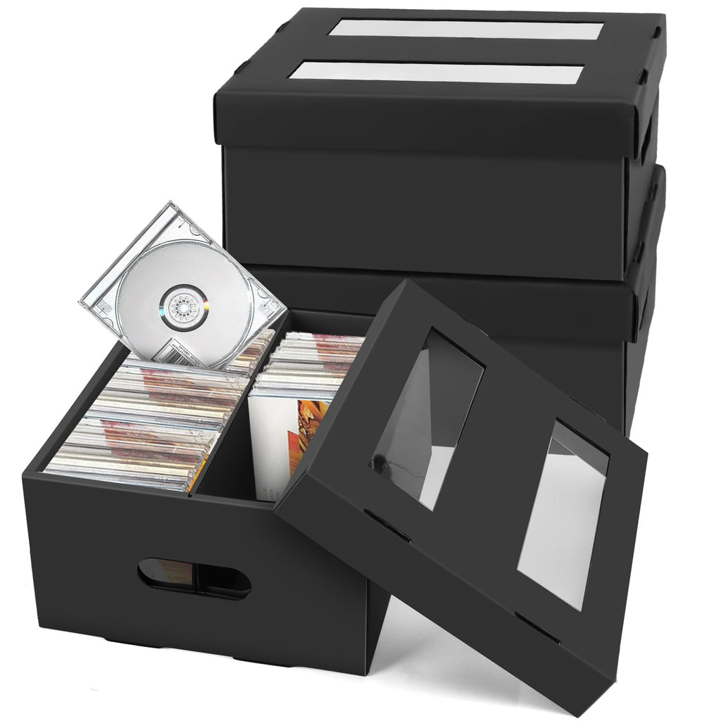 AOPULE CD Storage Boxes, 3 Pack 2 Compartment CD Case Storage, Cardboard DVD Case Holder with PVC Clear Lid, Each Holds 60 CDs in Full Jewel Cases,120 CDs in Slim Cases, 330 Discs in Sleeves