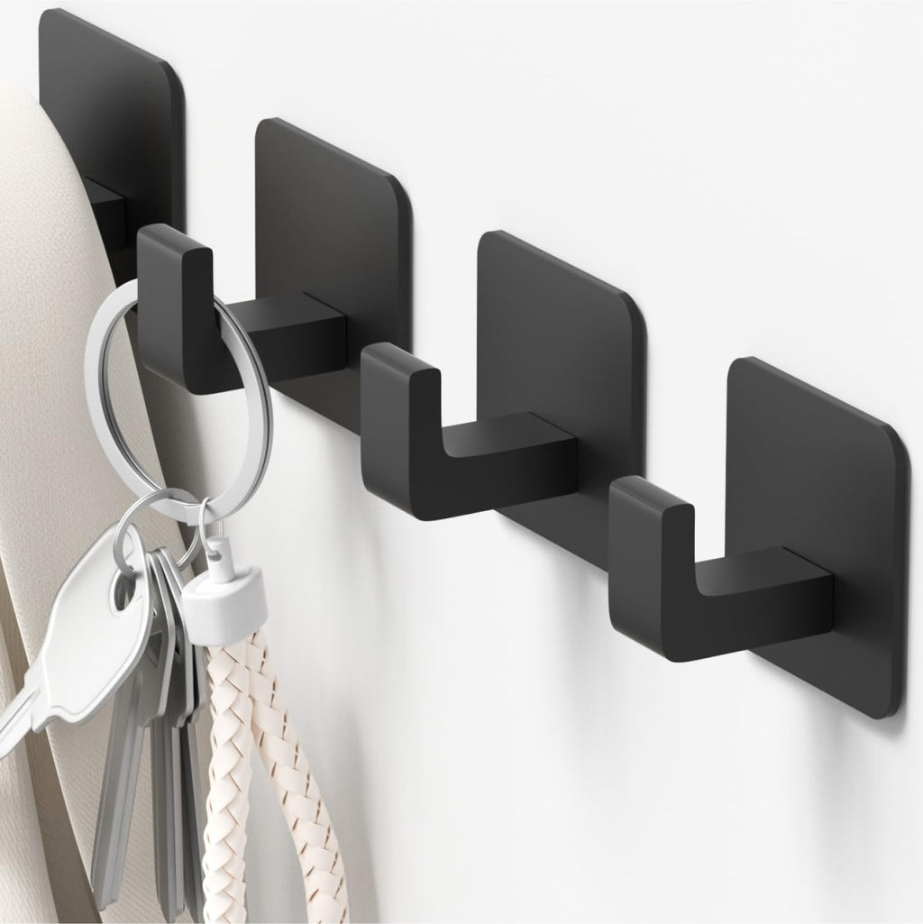 Square Self Adhesive Towel Hooks - 4 Pack Matte Black Stylish Hooks for Hanging Towels, Robes, Hats, and Keys in Bathrooms, Closets, Cabinets, and Behind Doors