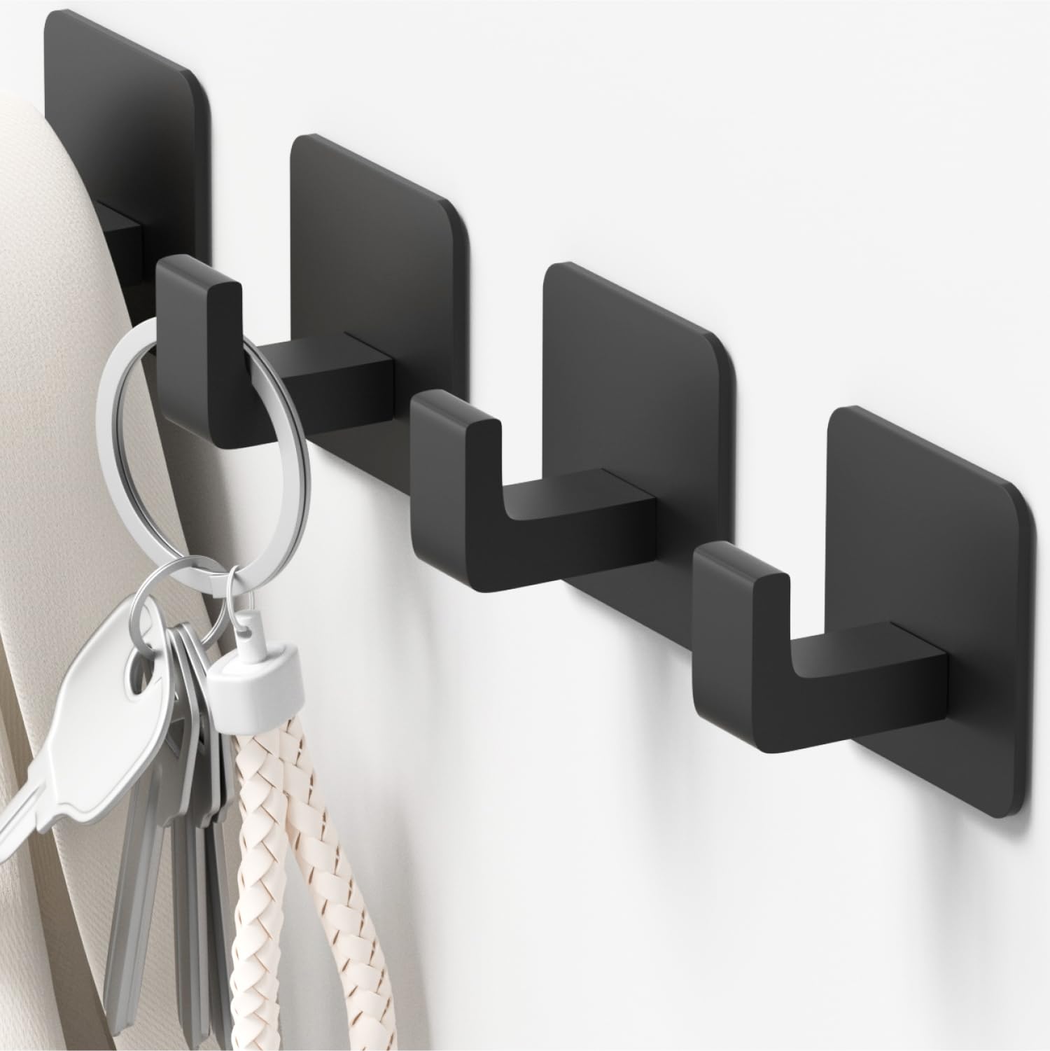 Square Self Adhesive Towel Hooks - 4 Pack Matte Black Stylish Hooks for Hanging Towels, Robes, Hats, and Keys in Bathrooms, Closets, Cabinets, and Behind Doors