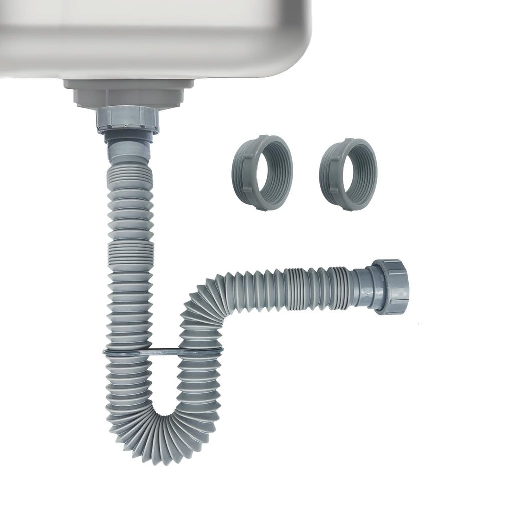 1-1/2 Inch Flexible Sink Drain Pipe, Scalable 13-33.5 Inch P Trap Pipe, Kitchen Sink Drain Kit，Bathroom Sink Drain, Contains 1-1/4 Inch Adapter (Gray)