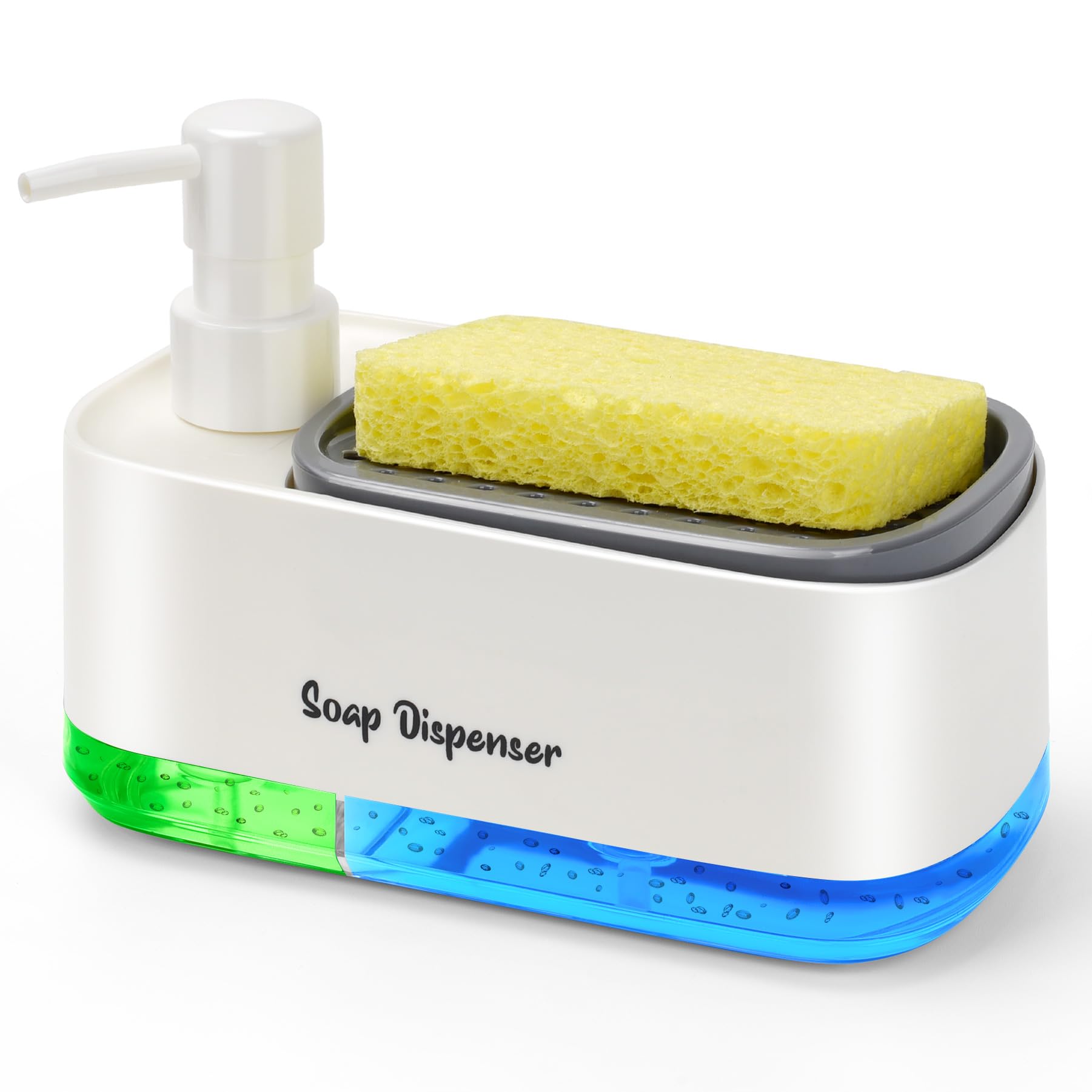 Hand and Dish Soap Dispenser Set for Kitchen, Dual Soap Dispenser with Sponge Holder, 3-in-1 Countertop Soap Pump Dispenser for Kitchen Sink, Useful Kitchen Gadgets - White