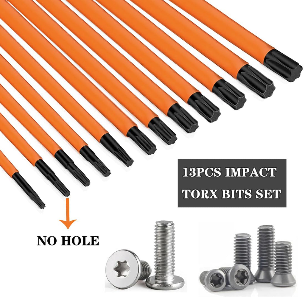 Saipor 13-Piece 6 inch /150 mm Long Torx Bit Set for Impact Driver, S2 Steel Star Bit Set (T5-T40), 1/4'' Hex-Shank Magnetic Torx Screwdriver Bit, Torx Head Drill Bit Set with CNC Machined Tips