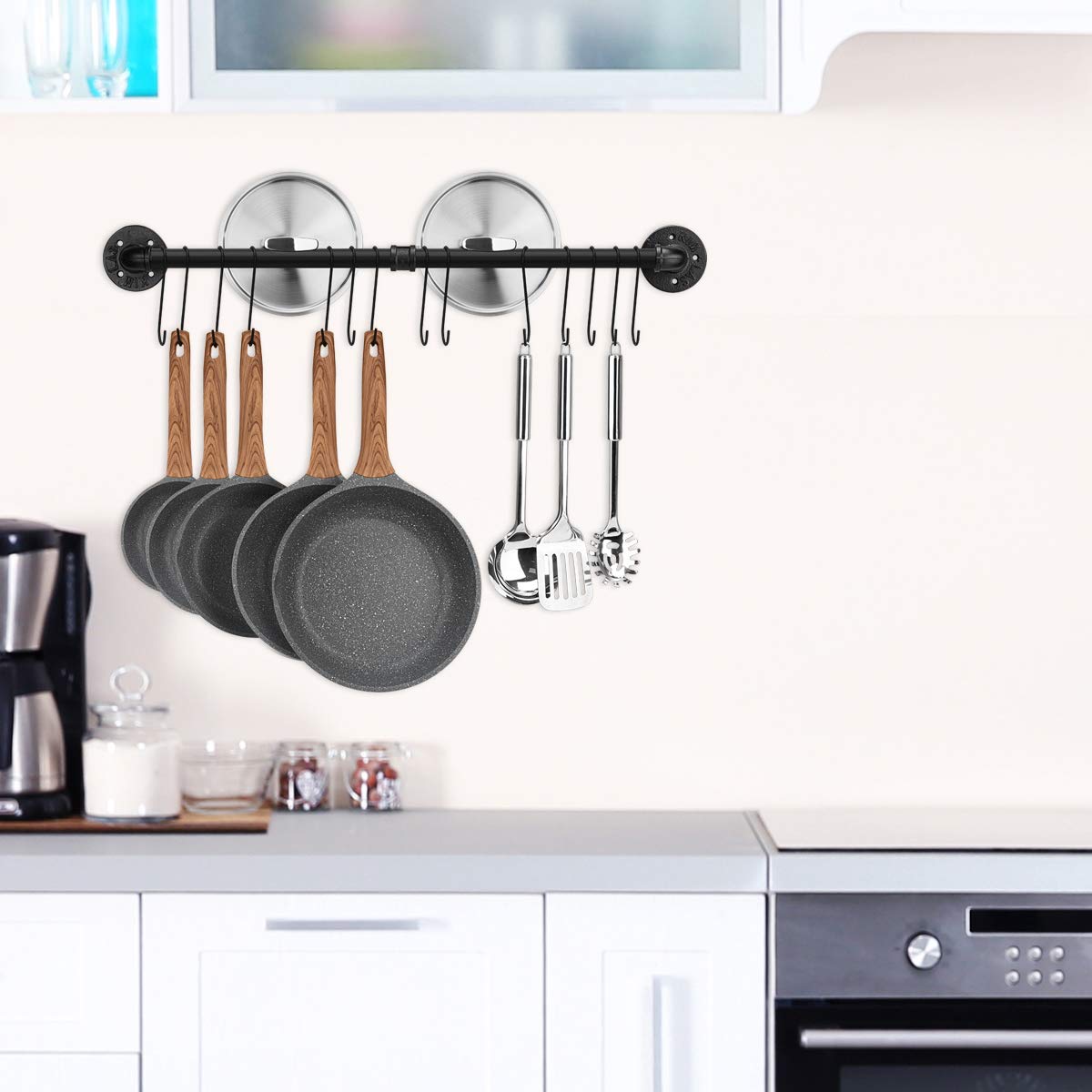 Toplife 80 cm/31.5 Inches Pot Rack, Kitchen Wall Mounted Detachable Pan Lid Utensils Organizer Hanging Rail with 14 Hooks, Black