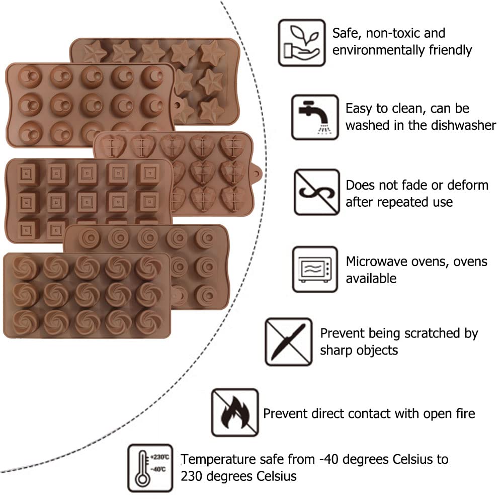 6 pcs Silicone Chocolate Molds, CNYMANY Candy Mold Jelly Mould Non-Stick Kitchen Baking Pans Ice Cube Trays for Party Festival - 6 Shapes