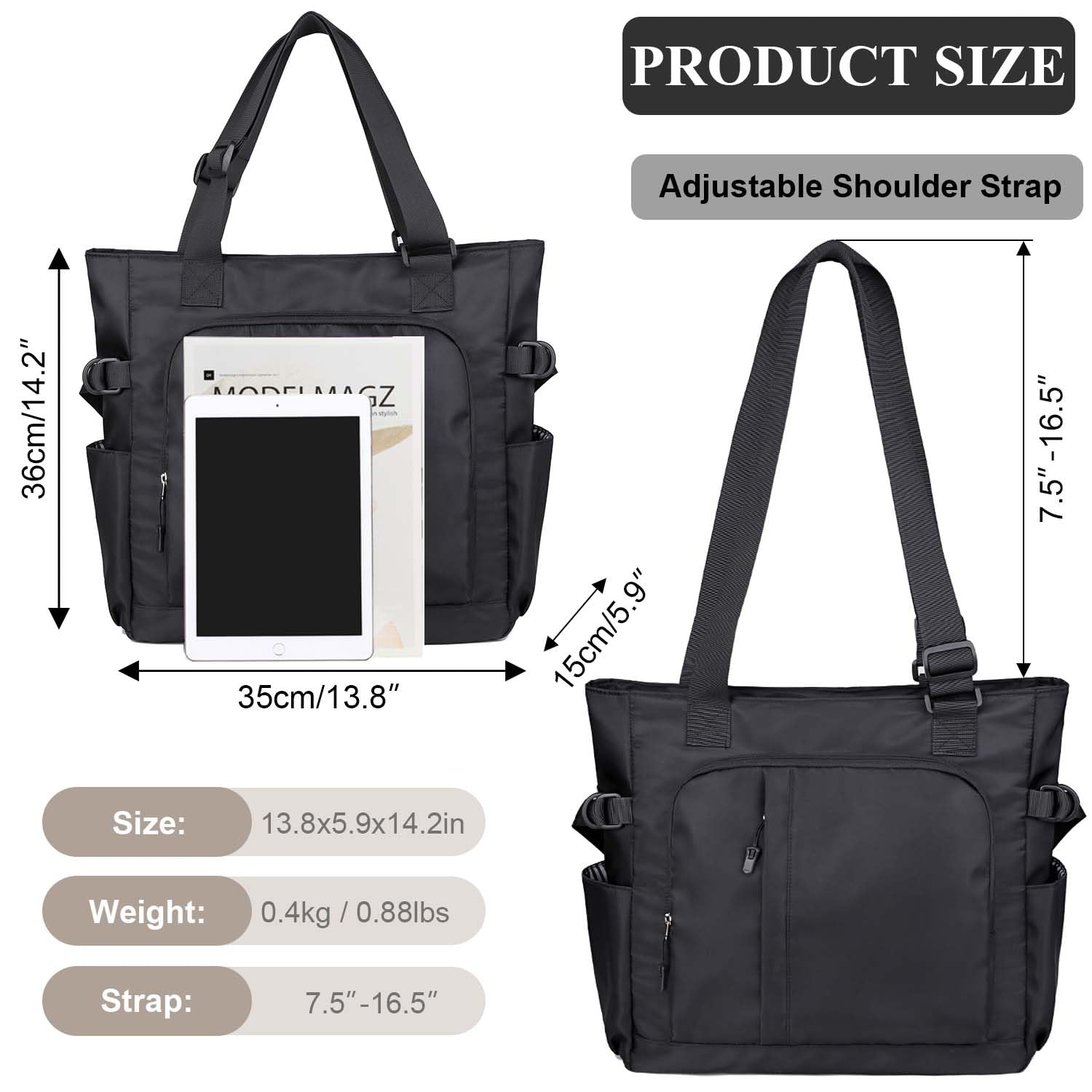 Tiny Chou Tote Bag, Waterproof Nylon Shoulder Bags Laptop Work Bag Multi Pockets Teacher Purses and Handbags for Women Men, 1-Black