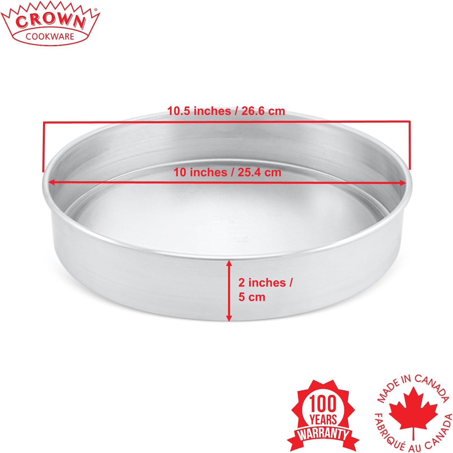 Crown 10 inch Cake Pan, 2" Deep, Heavy Duty, Even-Heating, Pure Aluminum, 25 CM Cake Pan
