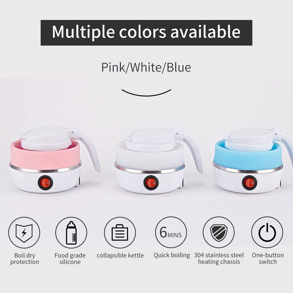 VICBINLY Electric Portable Kettle, Travel Kettle, Small Tea Kettle, Travel Foldable Kettles with Silicone Electric Insulation Heating Boiler Mini Tea Pot 600ml, White TKWT01