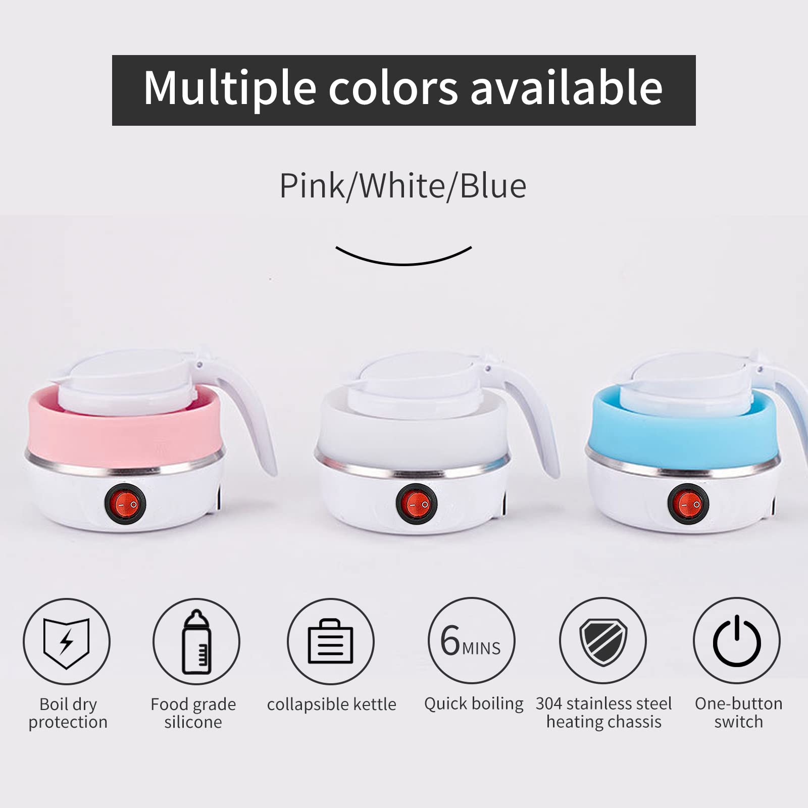 VICBINLY Electric Portable Kettle, Travel Kettle, Small Tea Kettle, Travel Foldable Kettles with Silicone Electric Insulation Heating Boiler Mini Tea Pot 600ml, White TKWT01