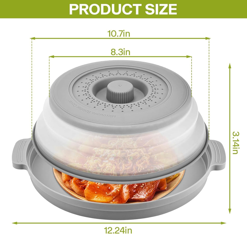 Oillase gray Microwave Splatter Cover for Food with Anti-scald Base Plate,Large Plastic & Silicone Vented Avoid Scalding Collapsible Guard Lid, Plate Holder & Kitchen Colander for Meal Prep-10.7 Inch