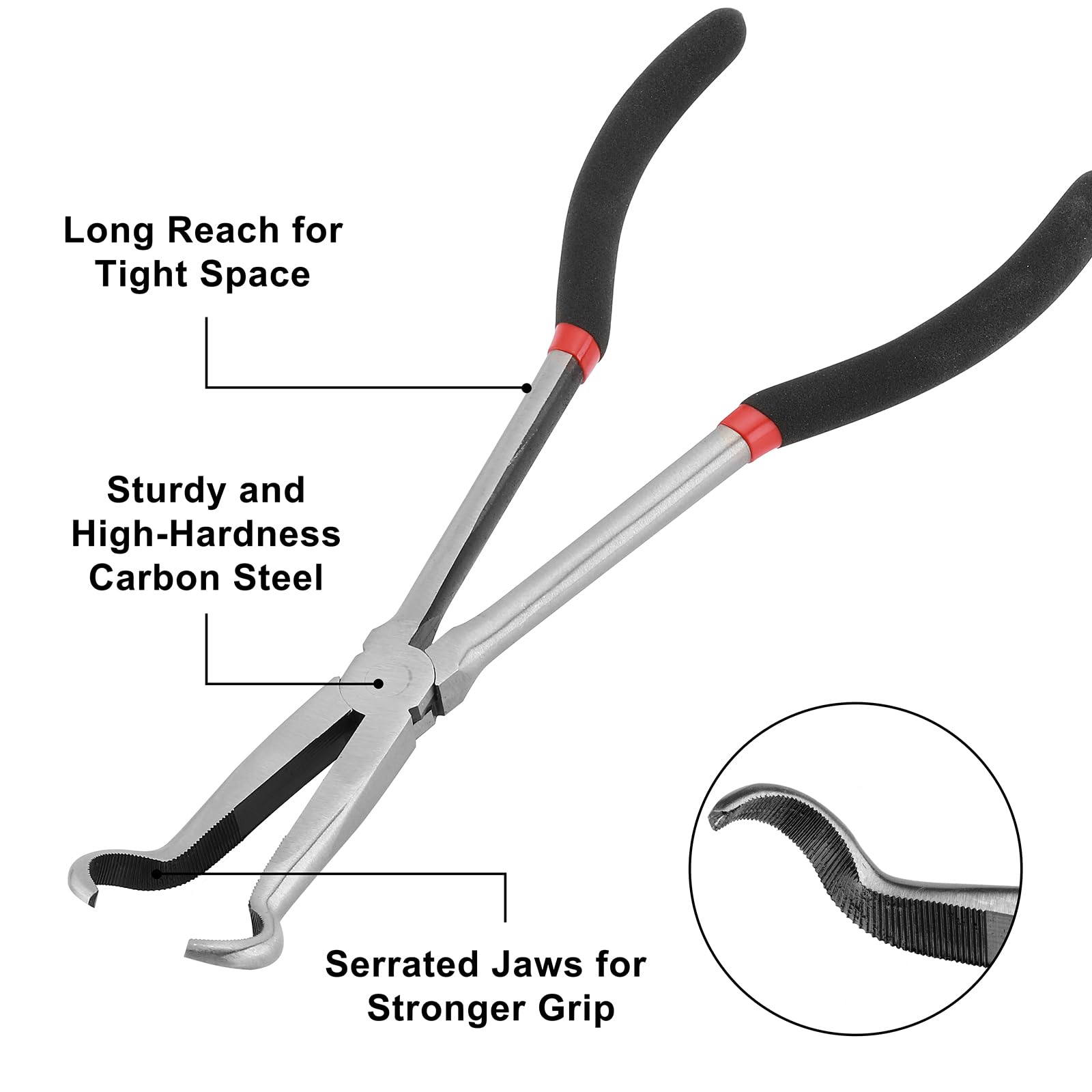 Mayouko 3PCS 11" Long Reach Hose Grip Pliers Set, 5/16 Inch, 1/2 Inch, 3/4 Inch Ring Nose Hose Gripper Pliers Kit, Carbon Steel Offset Spark Plug Boot Removal Pliers for Narrow Space