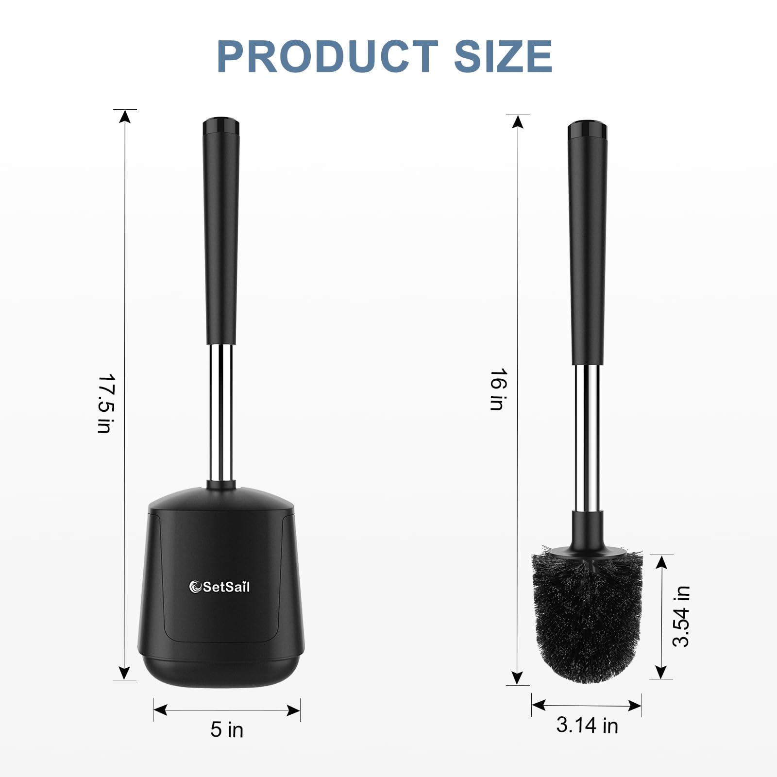 SetSail Toilet Brush and Holder 2 Pack, Self Closing Lid Toilet Bowl Brushes Holder and Extra Long Handle Ventilated Toilet Brush Set for Bathroom Cleaning, Nylon Bristles, Black