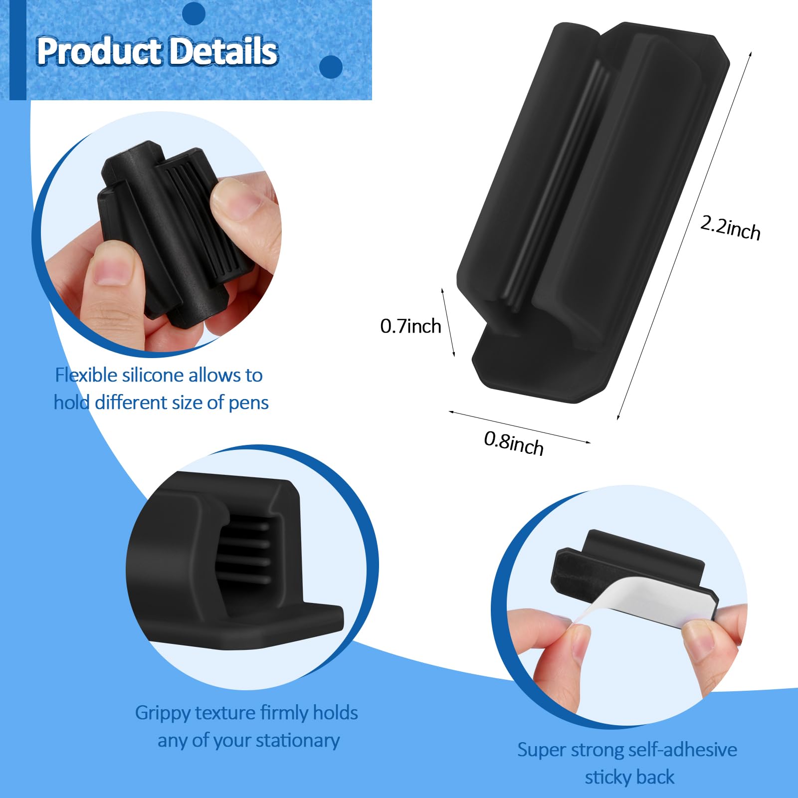 20 Pack Silicone Pen Holder, Adhesive Pen Pencil Holder for Desk Pen Holder Clips Marker Holder with 20 Pcs Extra Sticky Tape for Classroom Office Home Desk Accessories (Black)