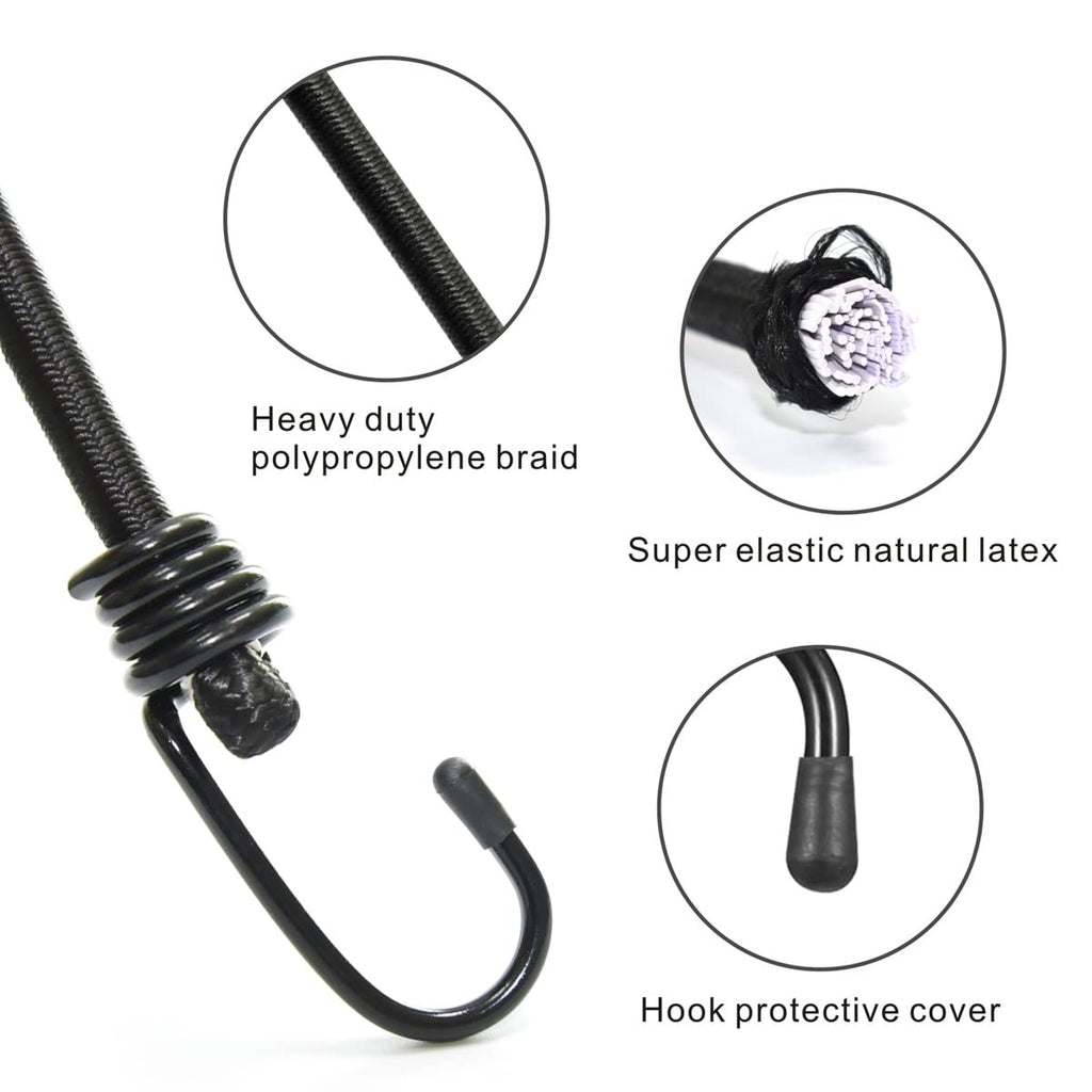 Bungee Cords with Hooks, Heavy Duty Outdoor Elastic Bungee Straps，No Odour Industrial Grade Bungee Rope for Securing Tarps, Luggage, Tents, Bikes or Garden Tidying 48inch 4Pcs (Black)